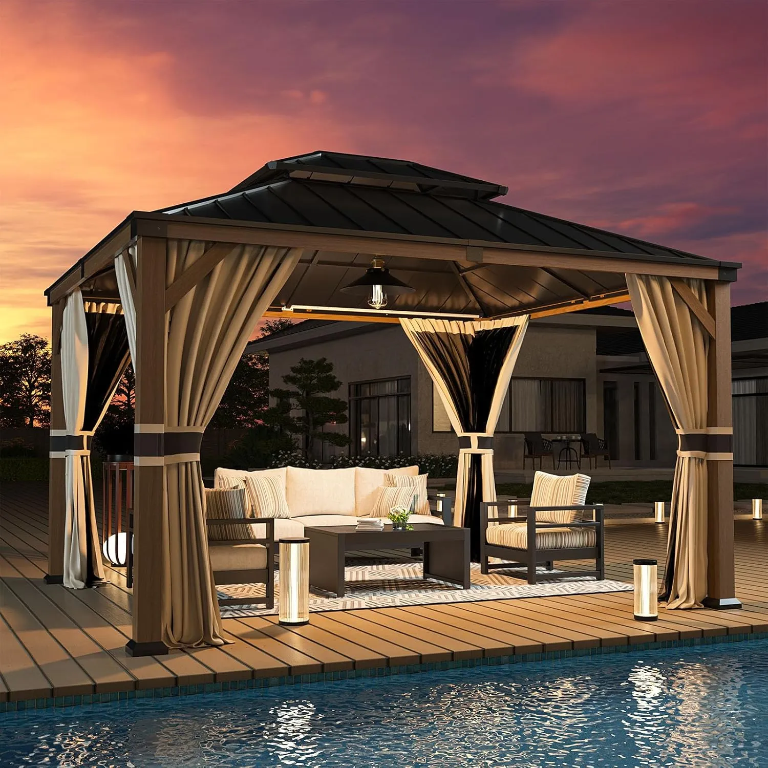 UDPATIO 10' x 12' Hardtop Gazebo, Wood Grain Finish Aluminum Frame Outdoor Gazebo with Galvanized Steel Double Roof, Metal Gazebo Canopy with Curtain and Netting for Patio, Garden and Deck, Beige