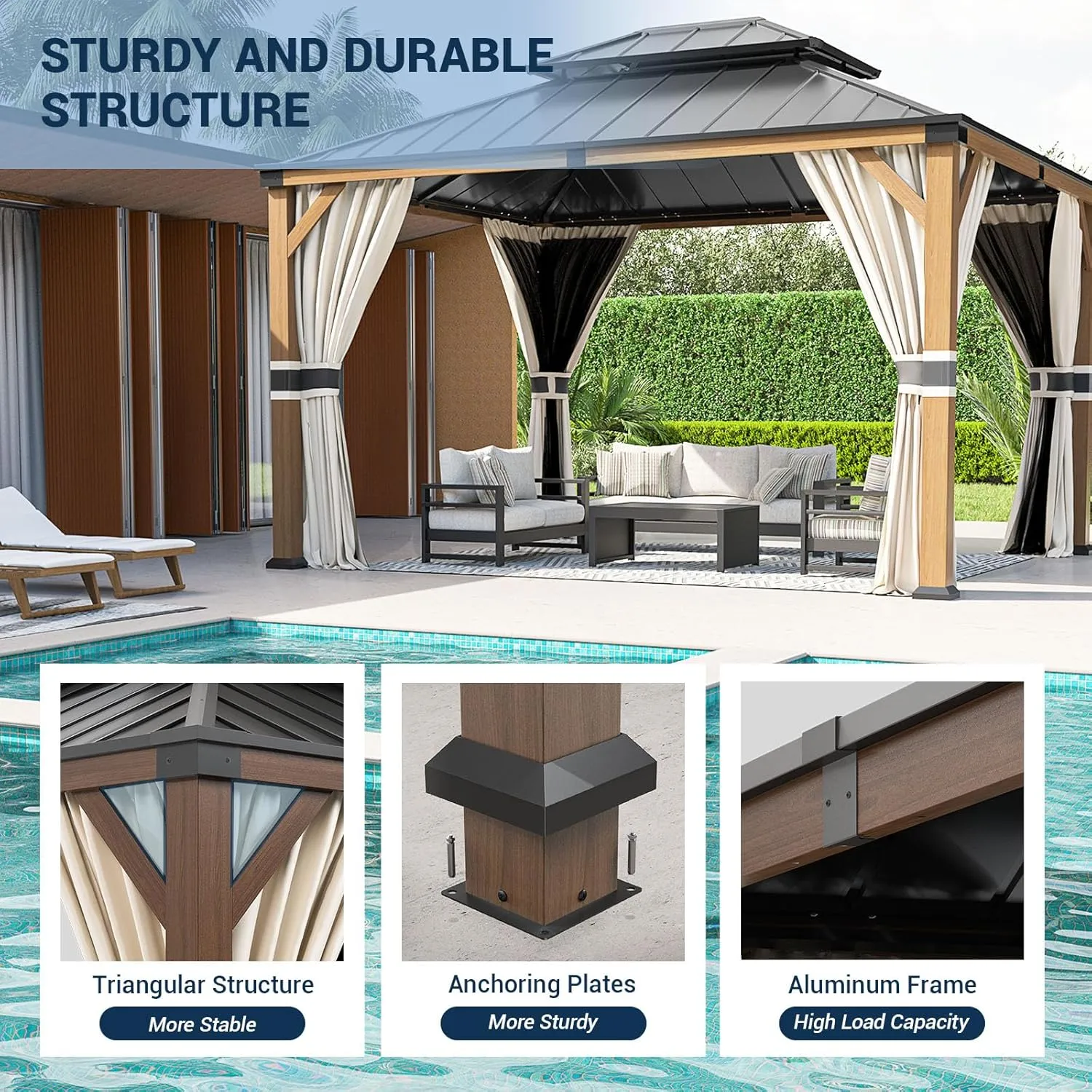 UDPATIO 10' x 12' Hardtop Gazebo, Wood Grain Finish Aluminum Frame Outdoor Gazebo with Galvanized Steel Double Roof, Metal Gazebo Canopy with Curtain and Netting for Patio, Garden and Deck, Beige