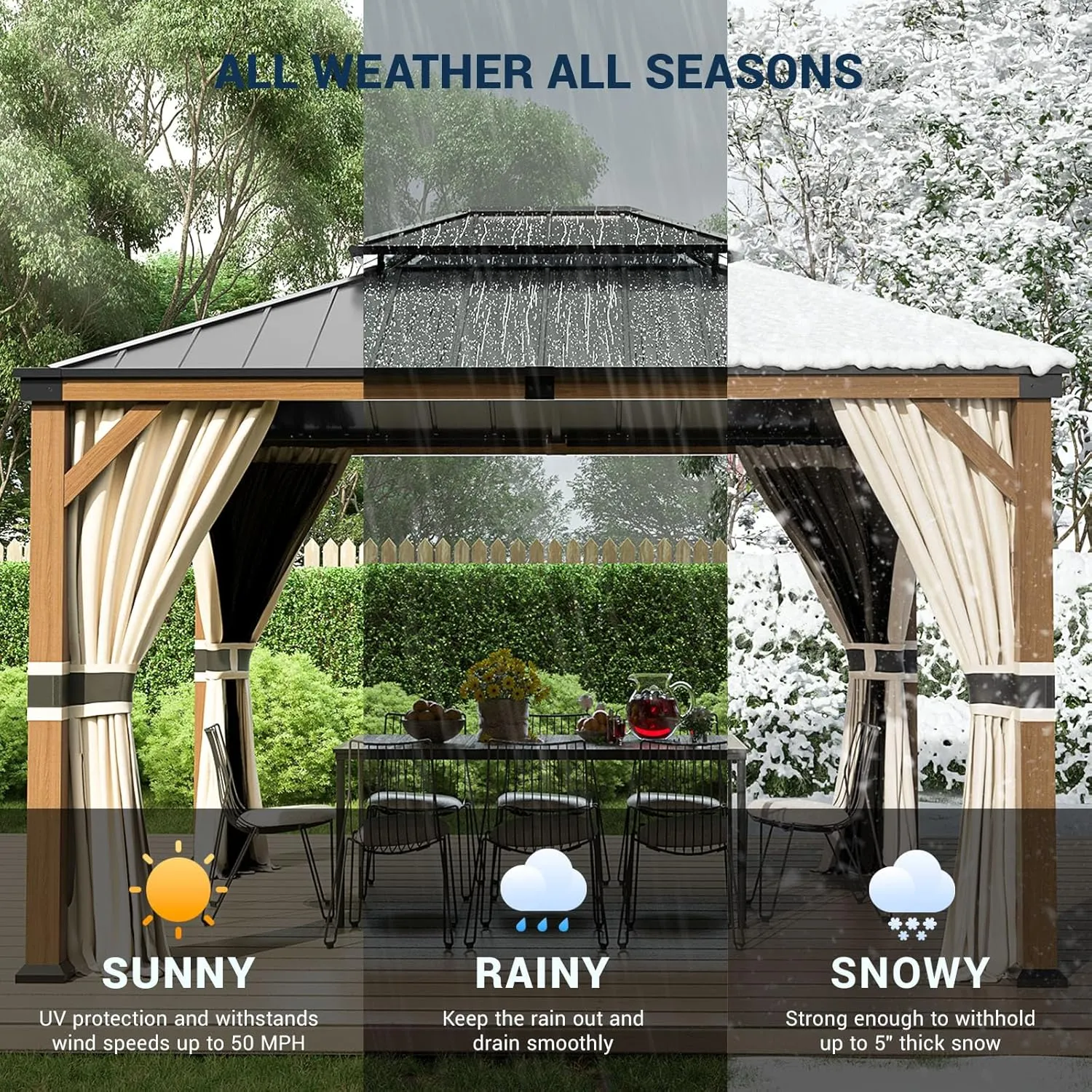 UDPATIO 10' x 12' Hardtop Gazebo, Wood Grain Finish Aluminum Frame Outdoor Gazebo with Galvanized Steel Double Roof, Metal Gazebo Canopy with Curtain and Netting for Patio, Garden and Deck, Beige