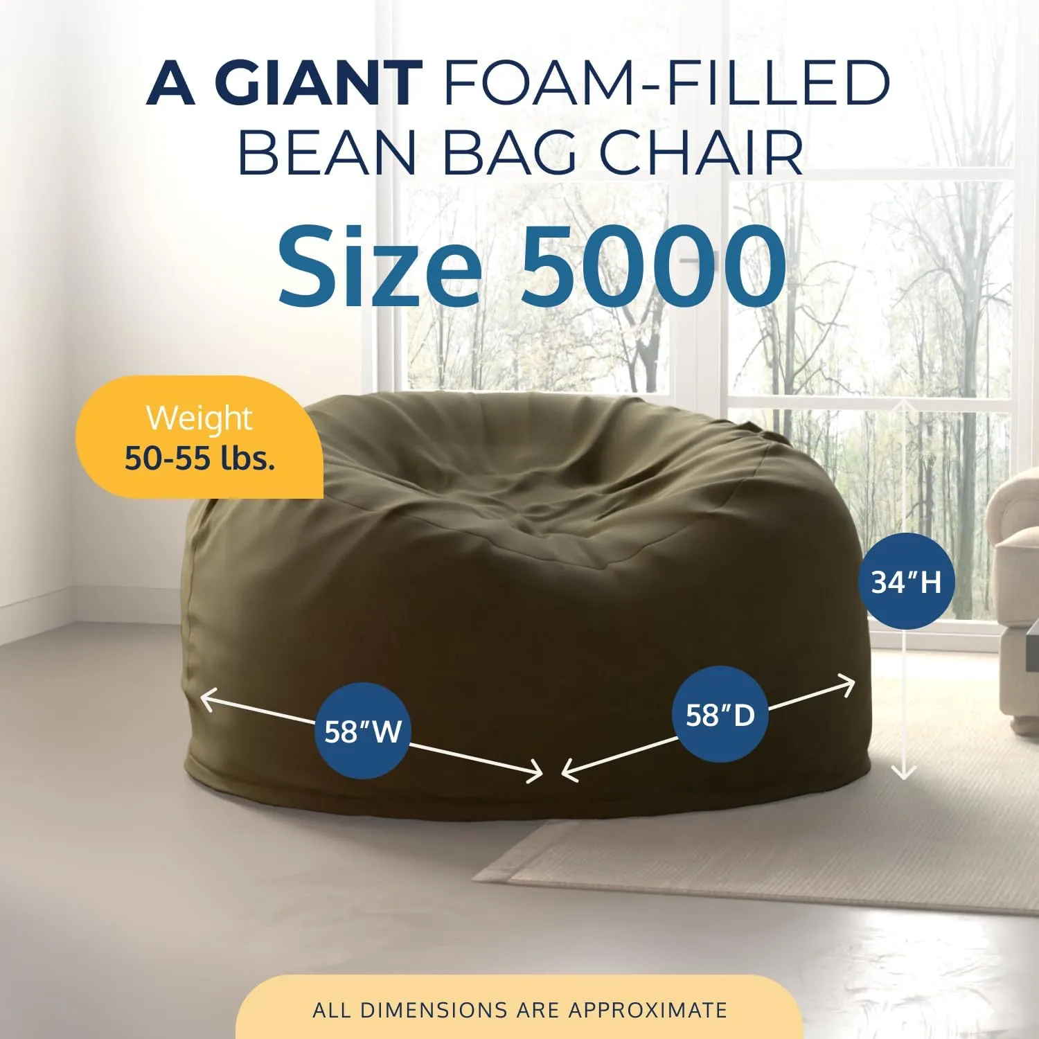 ULTIMATE SACK 5ft Bean Bag Chair & Footstool, Oversize Bean Bag Chair for Adults, Comfy Chair Bean Bag Couch Lounge Sofa Loveseat Furniture | Olive Suede