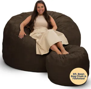 ULTIMATE SACK 6ft Bean Bag Chair & Footstool, Oversize Bean Bag Chair for Adults, Comfy Chair Bean Bag Couch Lounge Sofa Loveseat Furniture | Brown Fur