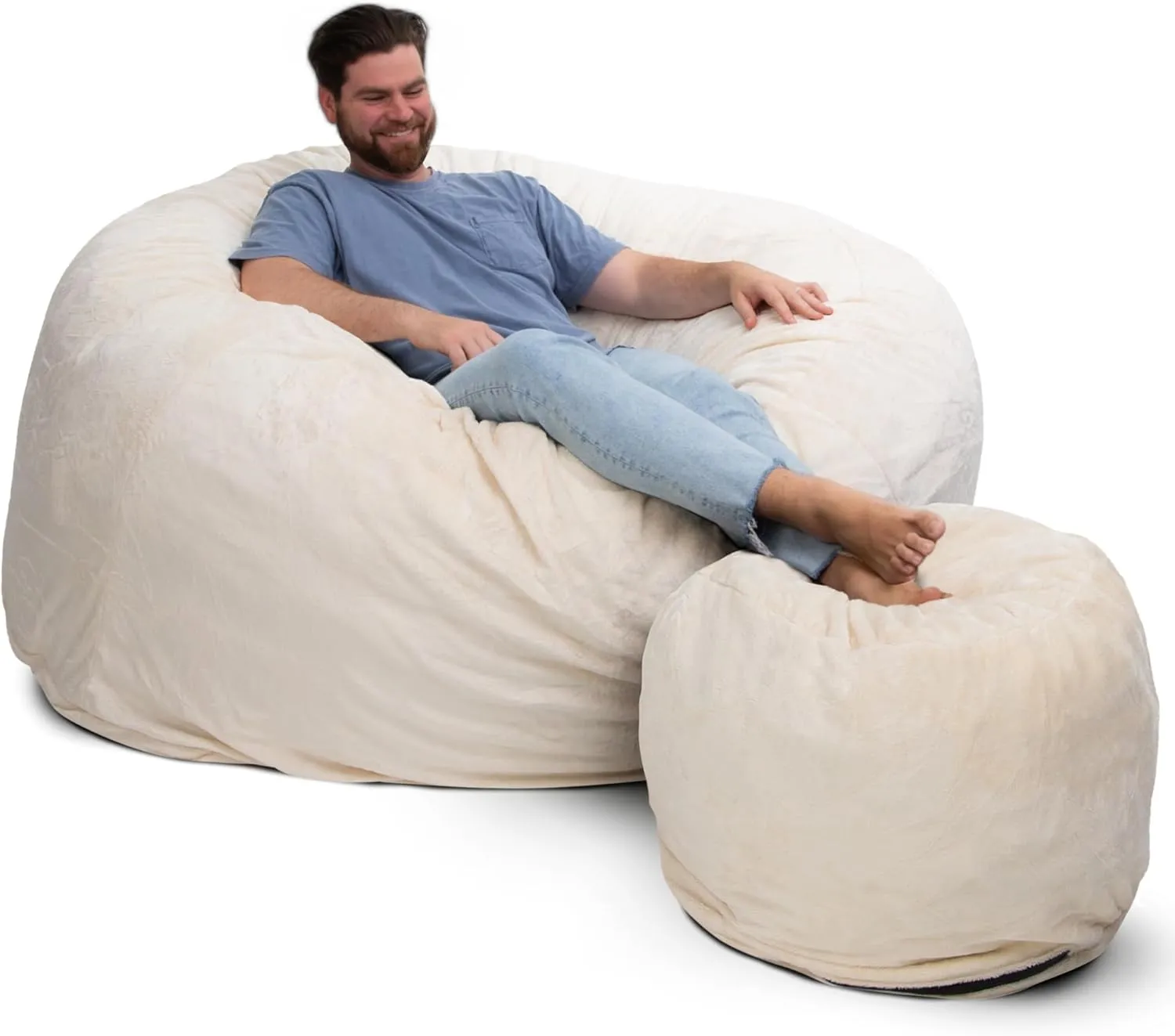ULTIMATE SACK 6ft Bean Bag Chair & Footstool, Oversize Bean Bag Chair for Adults, Comfy Chair Bean Bag Couch Lounge Sofa Loveseat Furniture | Ivory Fur