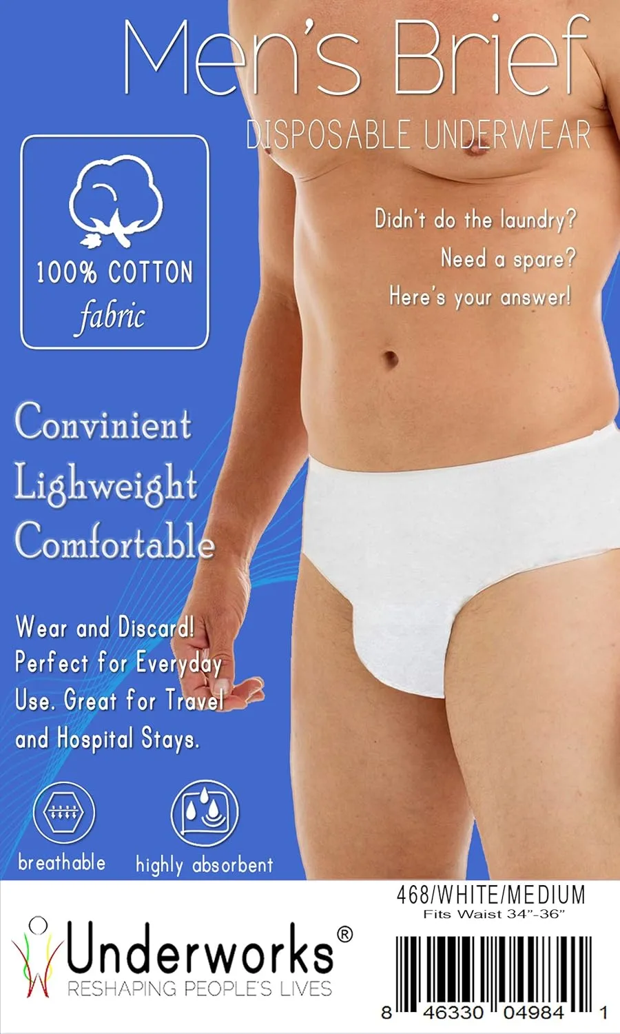 Underworks 20-Pack Mens Disposable 100% Cotton Underwear - For Travel- Hospital Stays- Emergencies 468