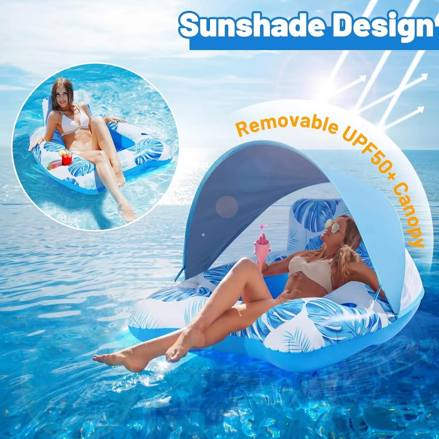 【Upgraded】 Pool Floats Adult with Canopy, XL Inflatable Pool Floaties for Adults Heavy Duty, Pool Chair and Lounge for Swimming in Pool Beach Lake, Float for Pool Floating with Cup Holder, Backrest