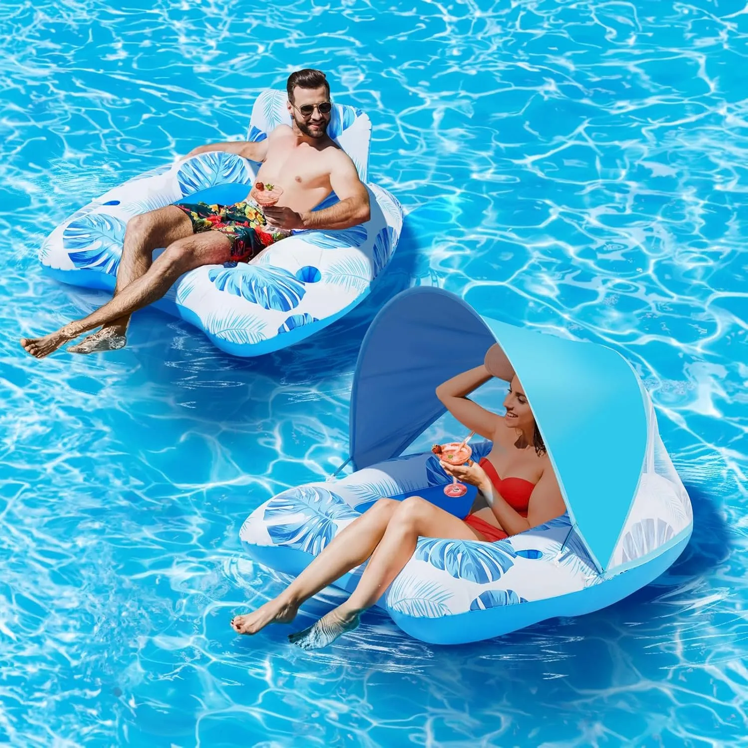 【Upgraded】 Pool Floats Adult with Canopy, XL Inflatable Pool Floaties for Adults Heavy Duty, Pool Chair and Lounge for Swimming in Pool Beach Lake, Float for Pool Floating with Cup Holder, Backrest