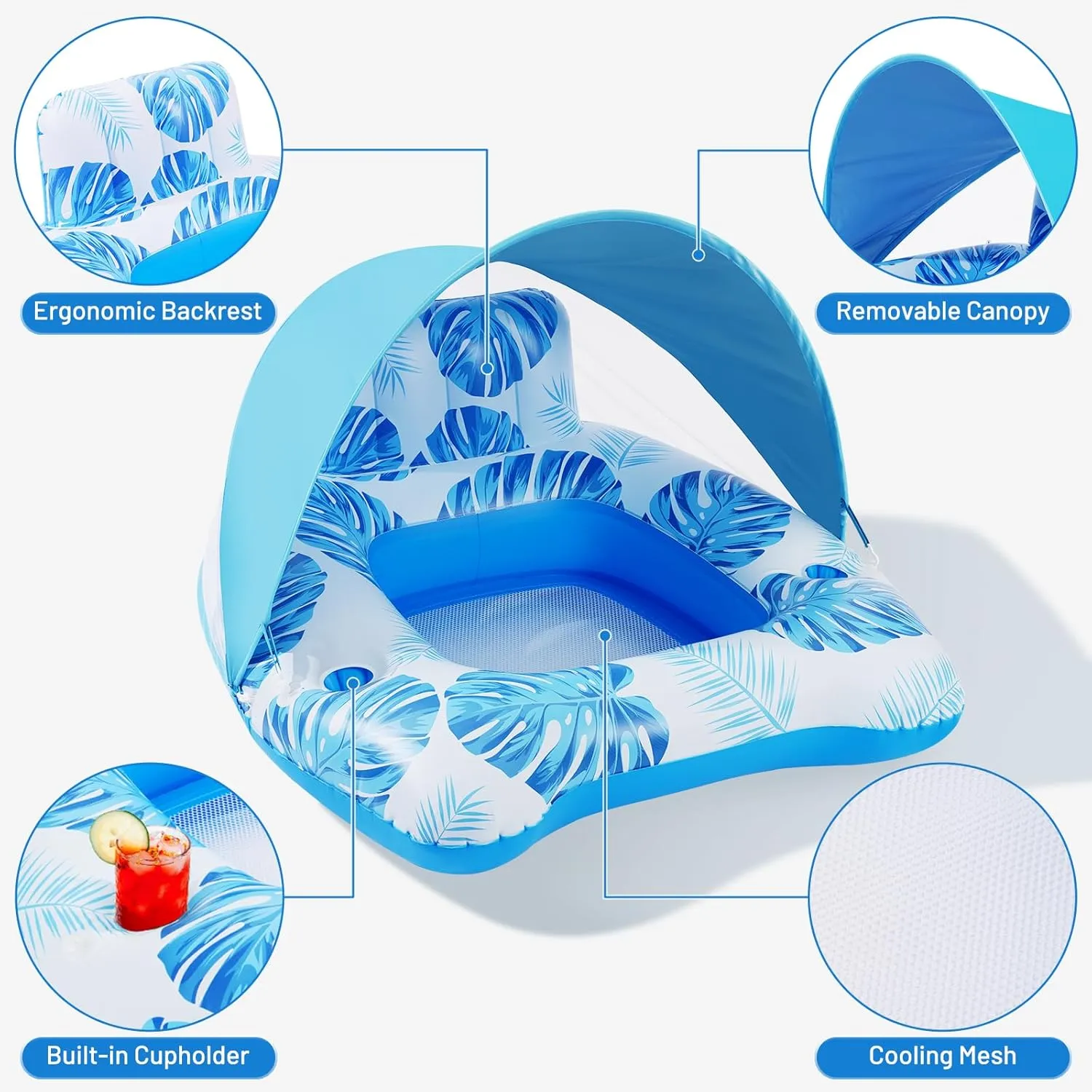 【Upgraded】 Pool Floats Adult with Canopy, XL Inflatable Pool Floaties for Adults Heavy Duty, Pool Chair and Lounge for Swimming in Pool Beach Lake, Float for Pool Floating with Cup Holder, Backrest