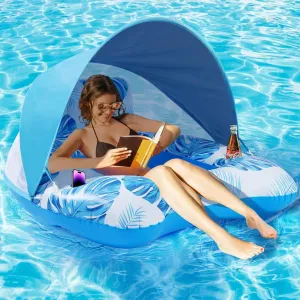 【Upgraded】 Pool Floats Adult with Canopy, XL Inflatable Pool Floaties for Adults Heavy Duty, Pool Chair and Lounge for Swimming in Pool Beach Lake, Float for Pool Floating with Cup Holder, Backrest