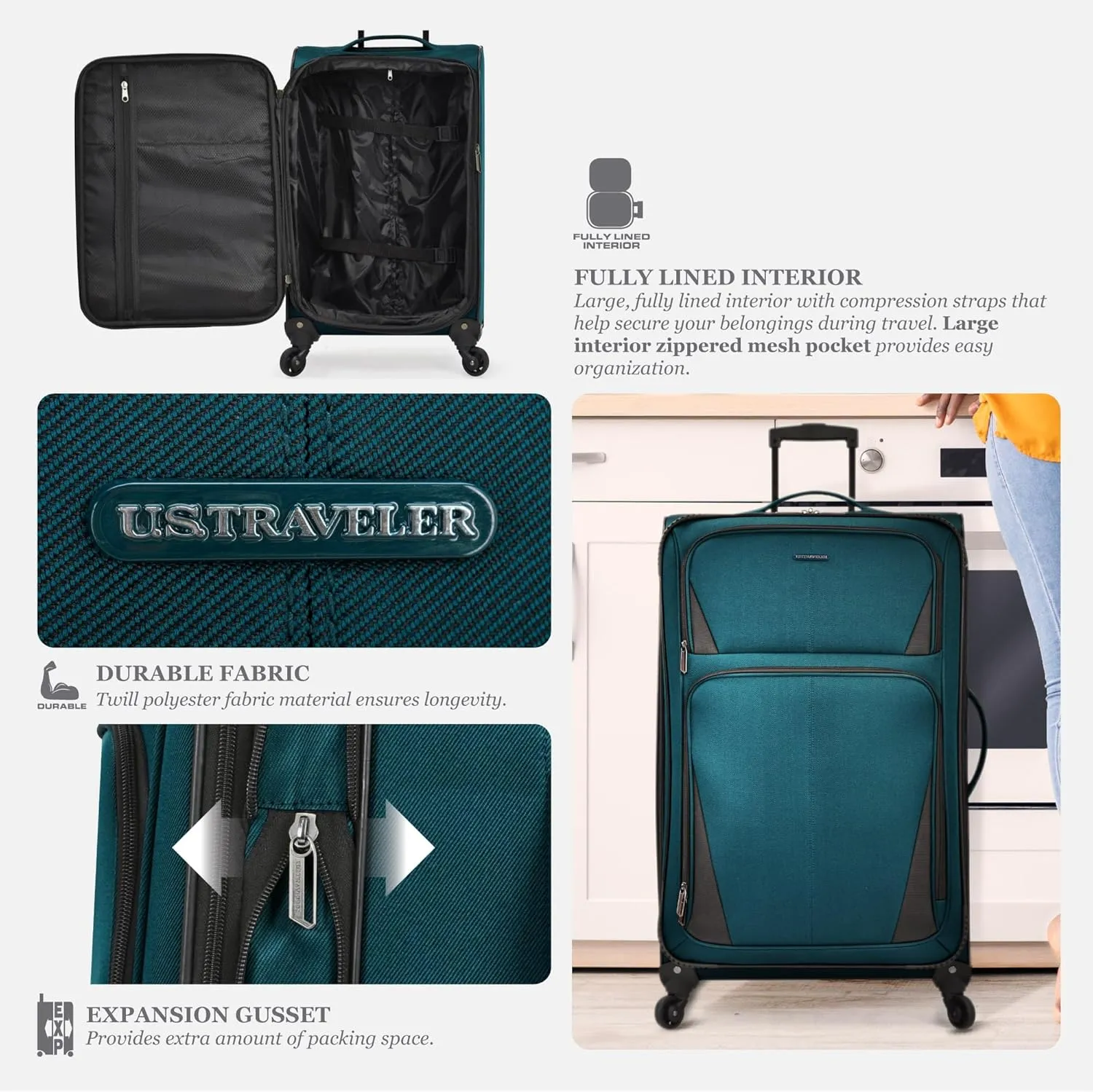 U.S. Traveler Aviron Bay Expandable Softside Luggage with Spinner Wheels, Navy, 30-Inch