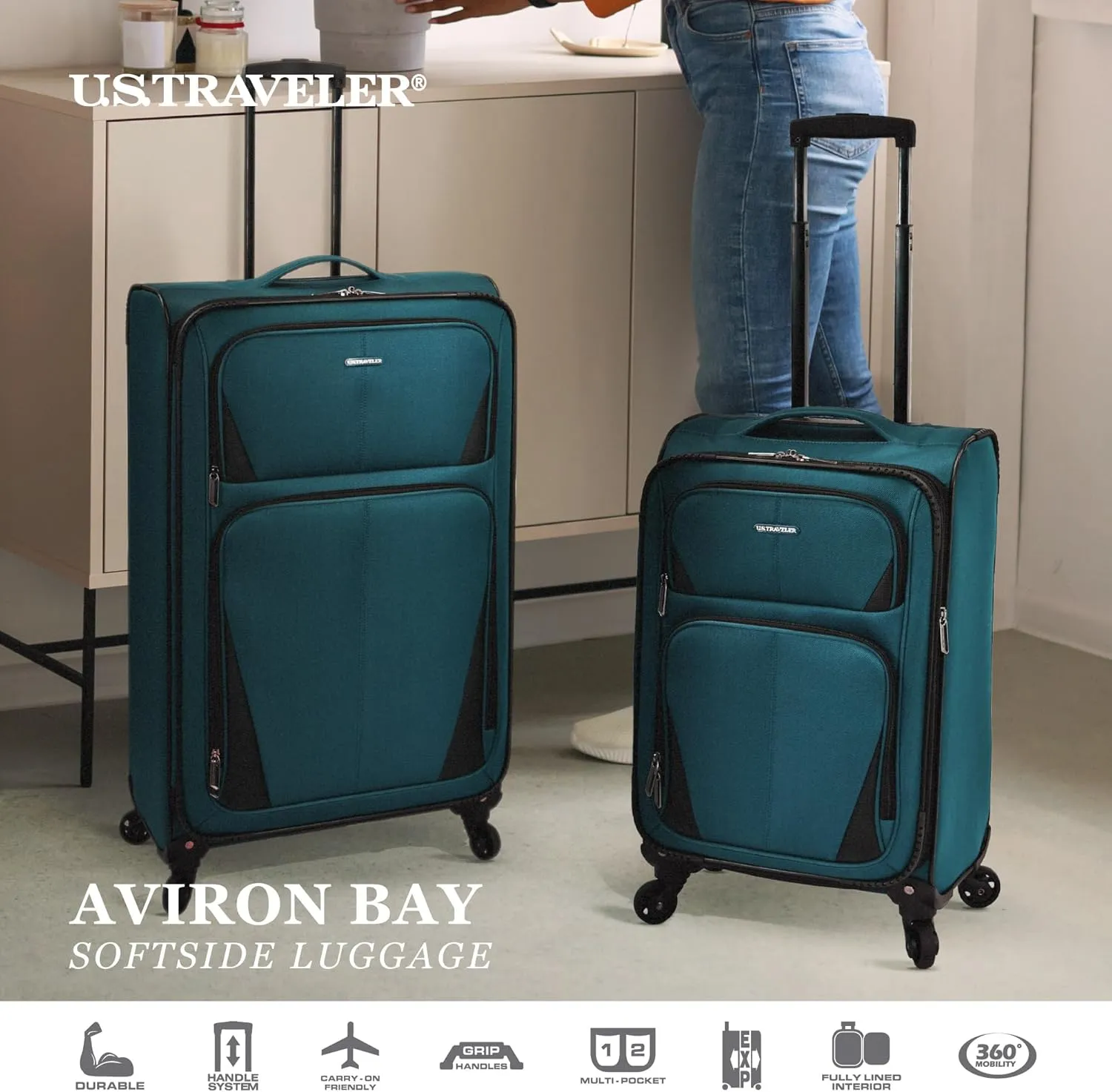 U.S. Traveler Aviron Bay Expandable Softside Luggage with Spinner Wheels, Navy, 30-Inch