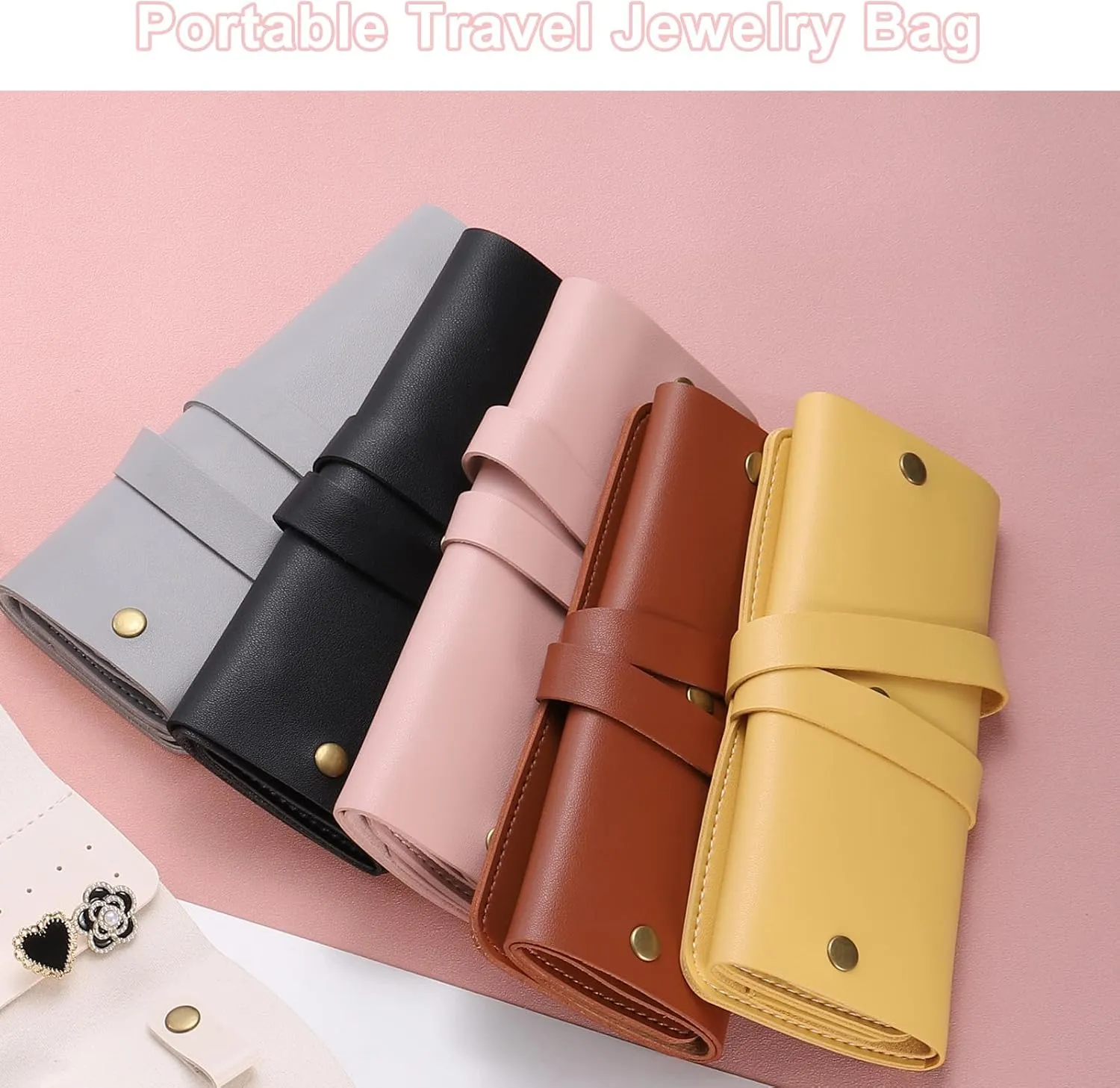 uxcell Travel Jewelry Roll Bag, Foldable Travel Jewelry Organizer Case, Portable Jewelry Pouch for Traveling Rings Necklaces Earrings Bracelets Jewelry Storage, Pink
