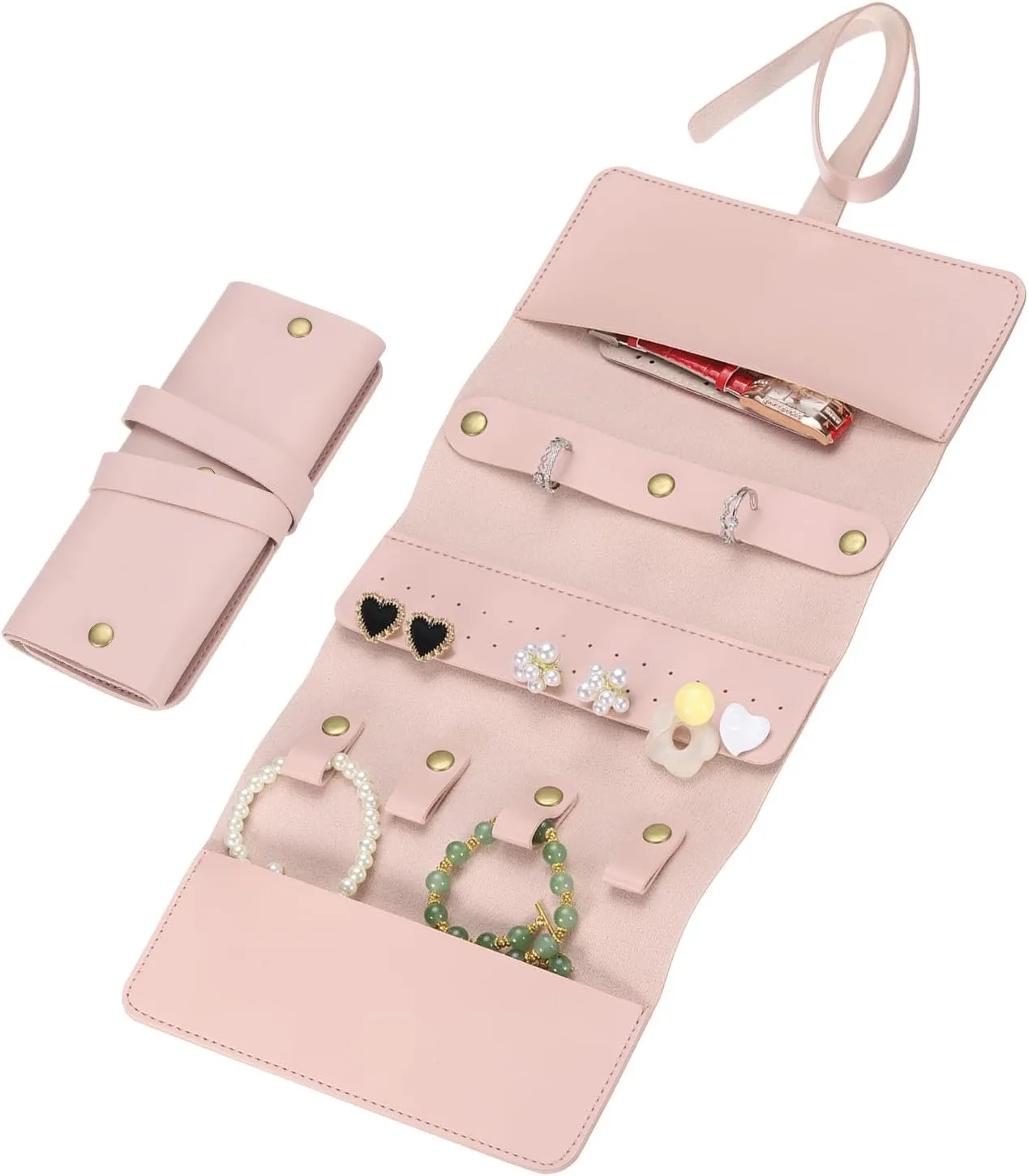 uxcell Travel Jewelry Roll Bag, Foldable Travel Jewelry Organizer Case, Portable Jewelry Pouch for Traveling Rings Necklaces Earrings Bracelets Jewelry Storage, Pink