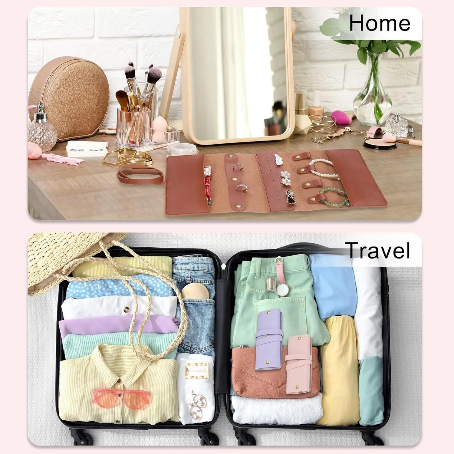 uxcell Travel Jewelry Roll Bag, Foldable Travel Jewelry Organizer Case, Portable Jewelry Pouch for Traveling Rings Necklaces Earrings Bracelets Jewelry Storage, Pink