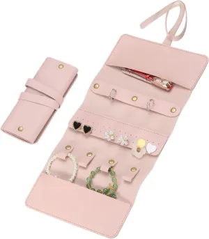 uxcell Travel Jewelry Roll Bag, Foldable Travel Jewelry Organizer Case, Portable Jewelry Pouch for Traveling Rings Necklaces Earrings Bracelets Jewelry Storage, Pink