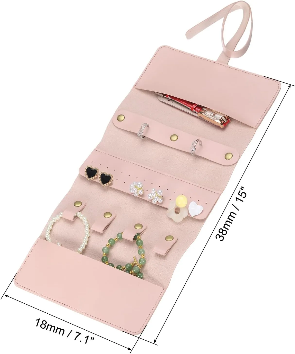 uxcell Travel Jewelry Roll Bag, Foldable Travel Jewelry Organizer Case, Portable Jewelry Pouch for Traveling Rings Necklaces Earrings Bracelets Jewelry Storage, Pink