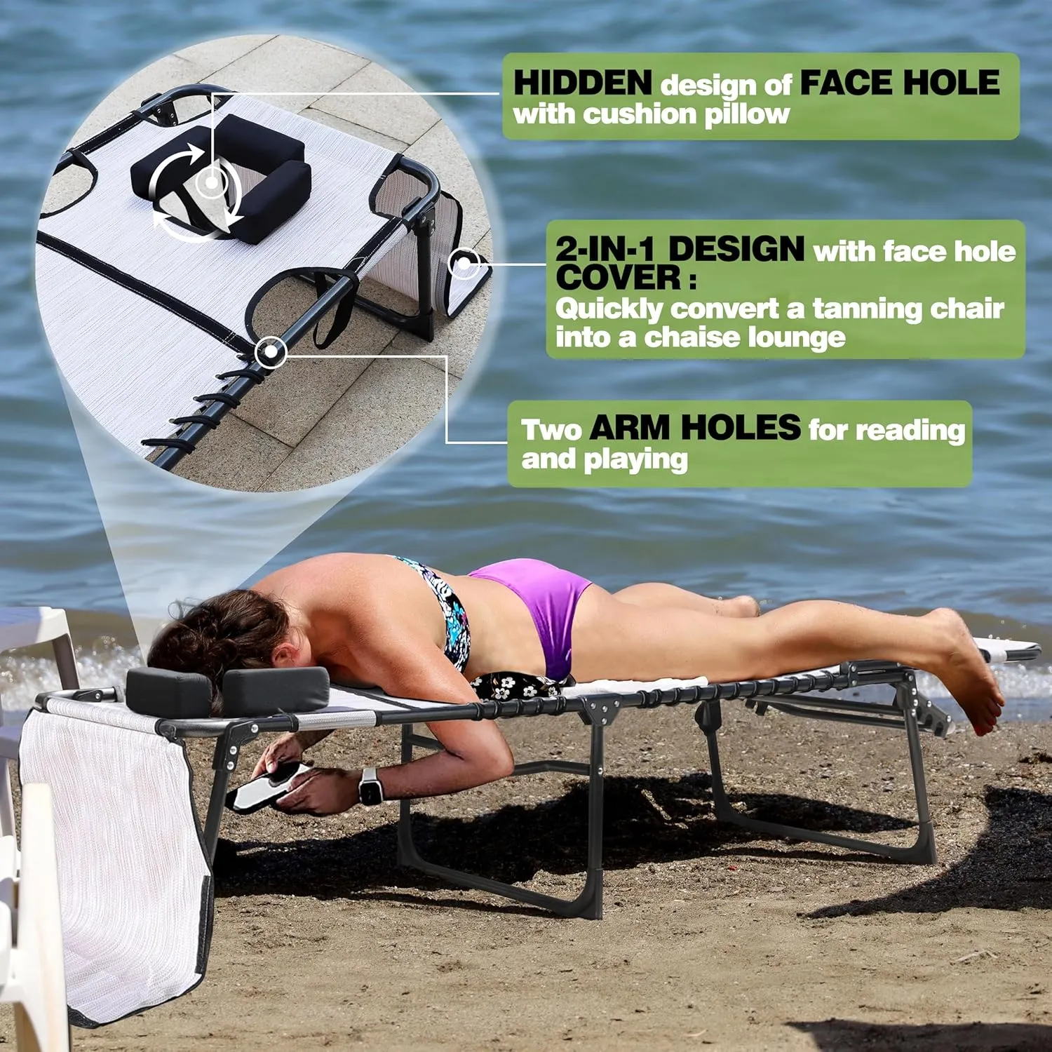 VEIKOU 5-Position Lounge Chair, Tanning Chair with Adjustable Backrest, Detachable Pillow, Pocket, Lounge Chairs for Outside, Beach, Patio, Poolside, Beige