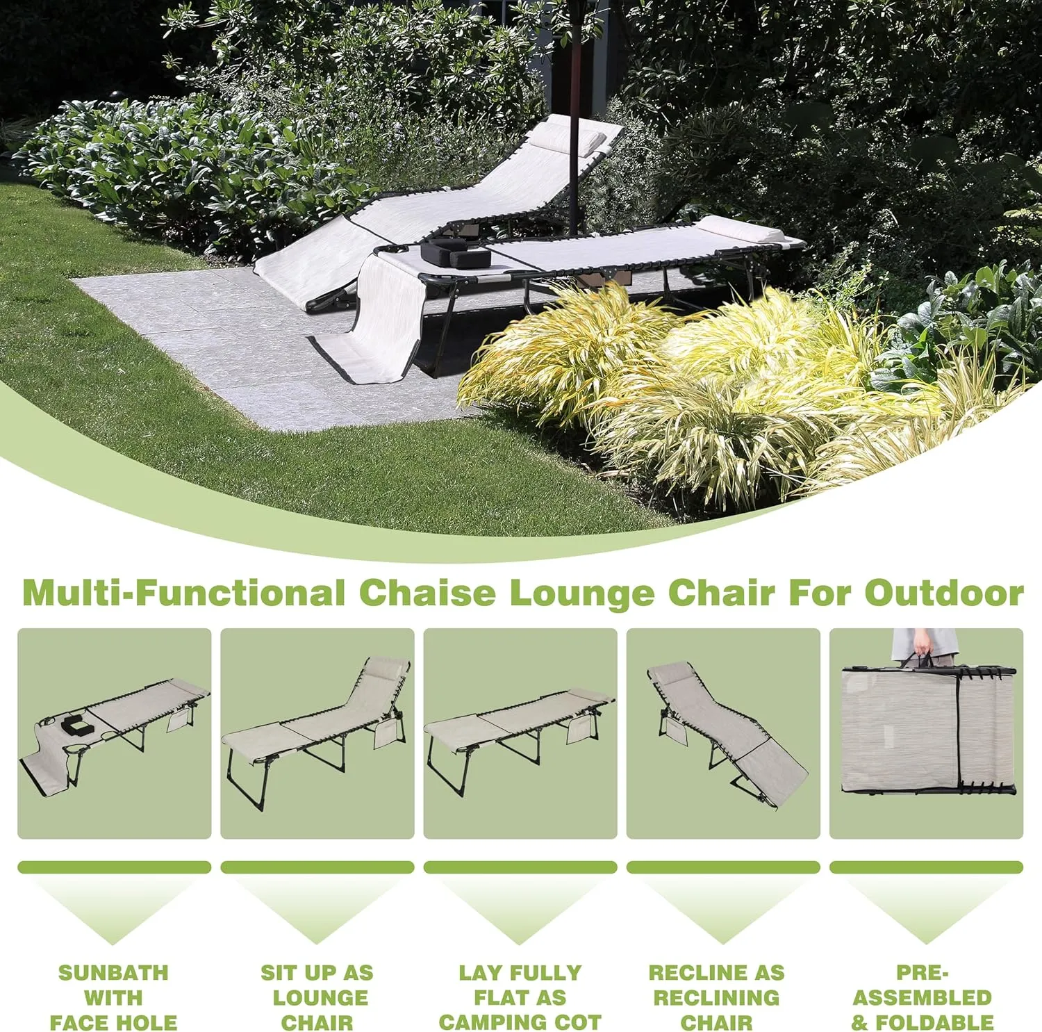 VEIKOU 5-Position Lounge Chair, Tanning Chair with Adjustable Backrest, Detachable Pillow, Pocket, Lounge Chairs for Outside, Beach, Patio, Poolside, Beige