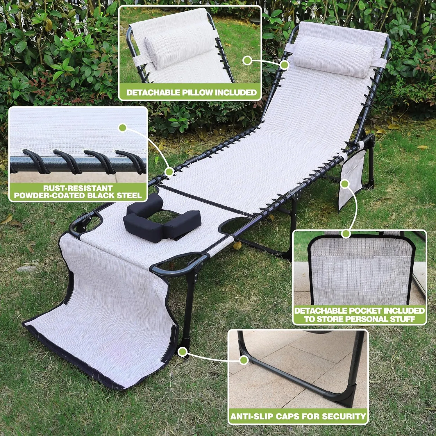 VEIKOU 5-Position Lounge Chair, Tanning Chair with Adjustable Backrest, Detachable Pillow, Pocket, Lounge Chairs for Outside, Beach, Patio, Poolside, Beige