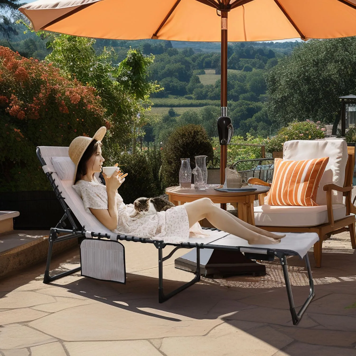 VEIKOU 5-Position Lounge Chair, Tanning Chair with Adjustable Backrest, Detachable Pillow, Pocket, Lounge Chairs for Outside, Beach, Patio, Poolside, Beige