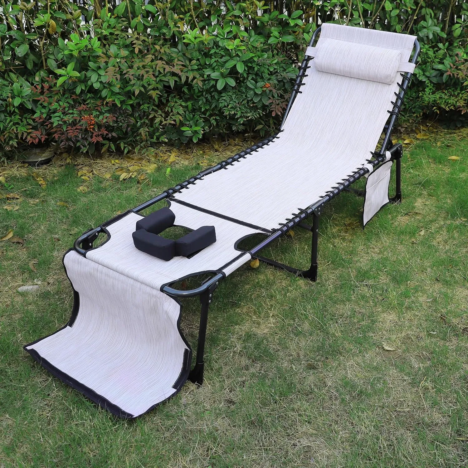 VEIKOU 5-Position Lounge Chair, Tanning Chair with Adjustable Backrest, Detachable Pillow, Pocket, Lounge Chairs for Outside, Beach, Patio, Poolside, Beige