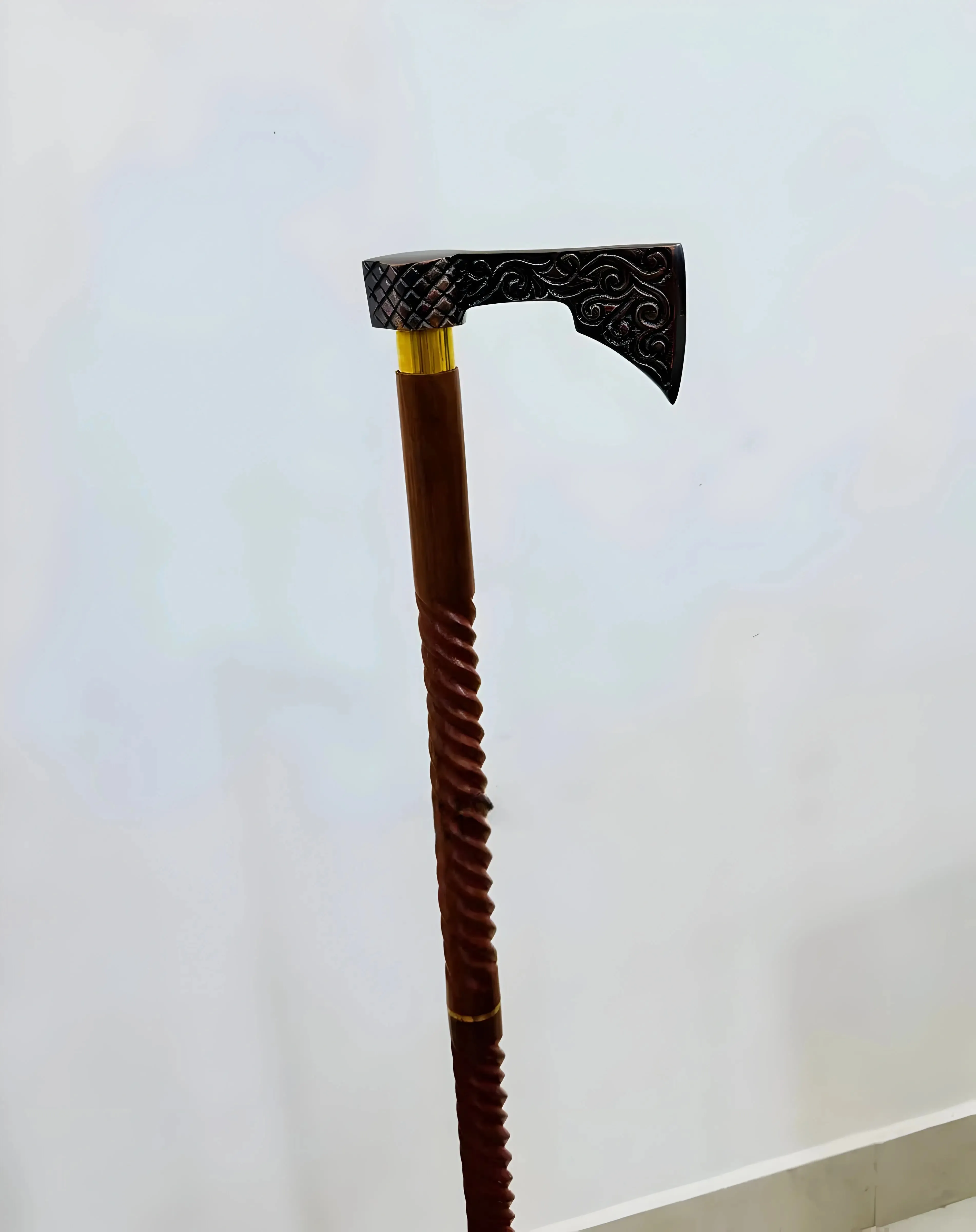 Victorian Axe Head Walking Cane – Vintage Nautical Wooden Stick with Palm Grip