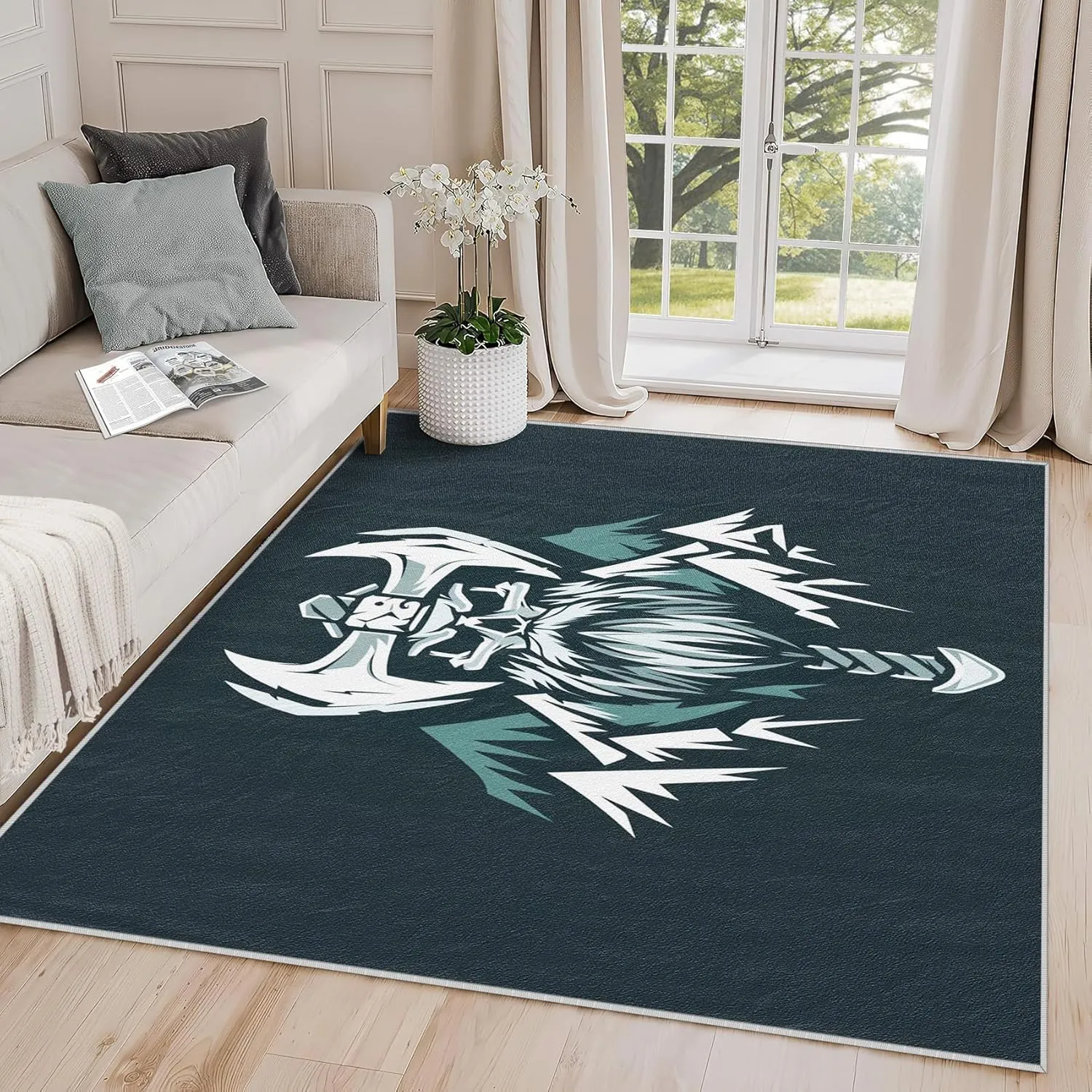 Viking Rugs for Bedroom - Viking Rug, 4x5 Rug, Celtic Nordic Axe Mountain Area Rug, Medieval Weapon Carpet, Washable & Non Slip & Soft Large Rugs, Viking Home Decor Gifts