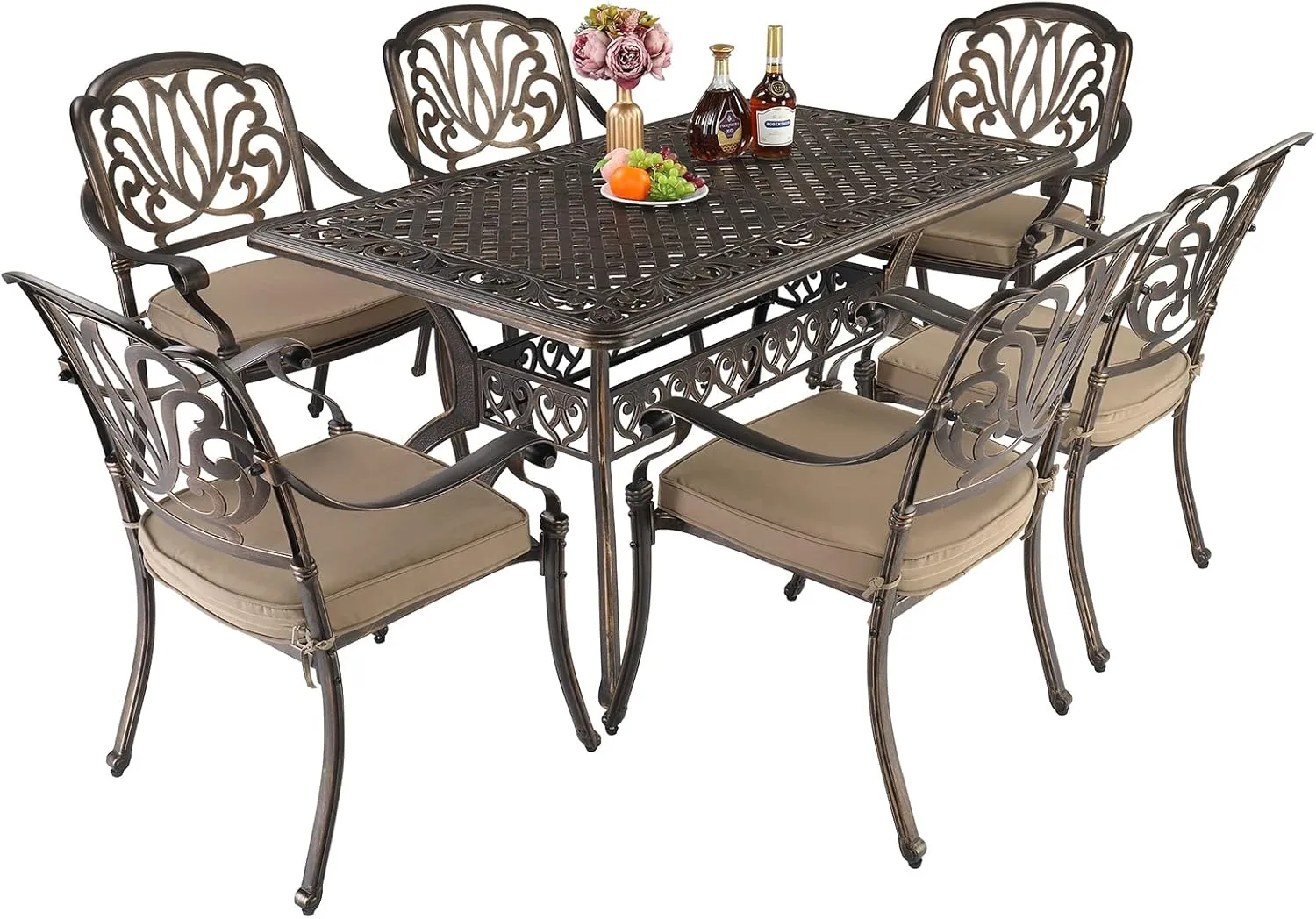 VINGLI 7 Pieces Outdoor Dining Set, Cast Aluminium All-Weather Patio Dining Set for 6 with Umbrella Hole, Outdoor Dining Table and Chairs with Cushion for Yard, Garden, Porch and Poolside, Bronze