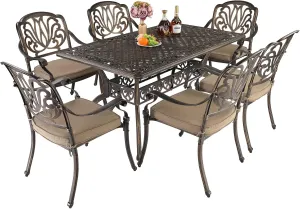 VINGLI 7 Pieces Outdoor Dining Set, Cast Aluminium All-Weather Patio Dining Set for 6 with Umbrella Hole, Outdoor Dining Table and Chairs with Cushion for Yard, Garden, Porch and Poolside, Bronze