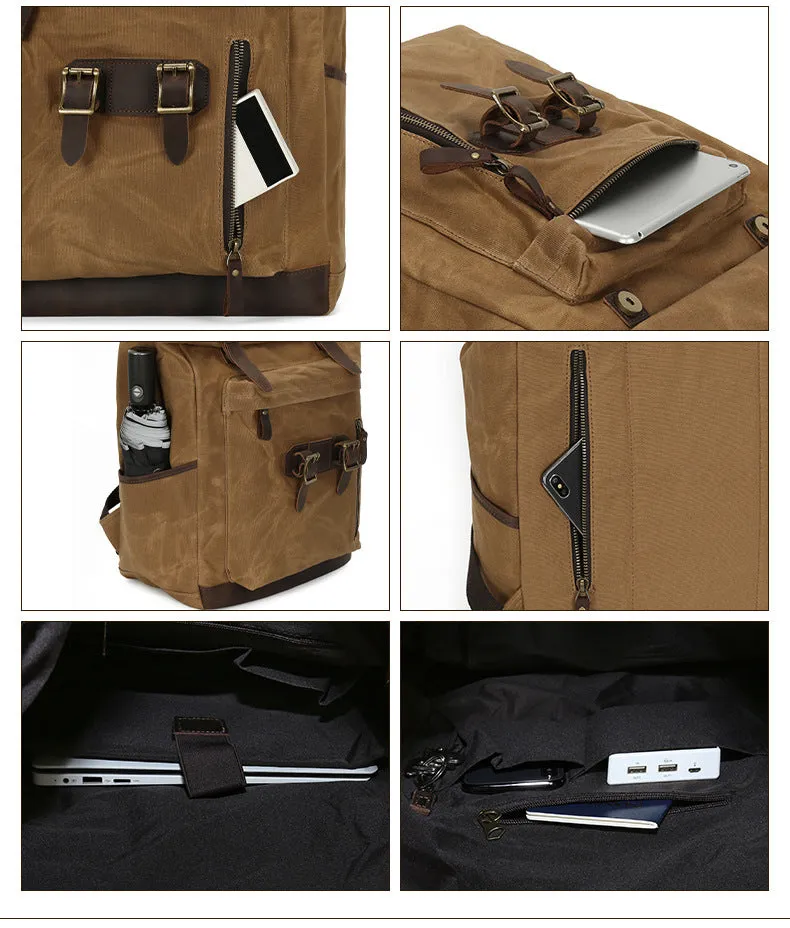 Vintage Waxed Canvas Backpack with Roll top Design