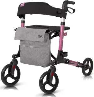 Vive Mobility Rollator Walker - Folding 4 Wheel Medical Rolling Walker with Seat & Bag - Mobility Aid for Adult, Senior, Elderly & Handicap - Aluminum Transport Chair (Pink)