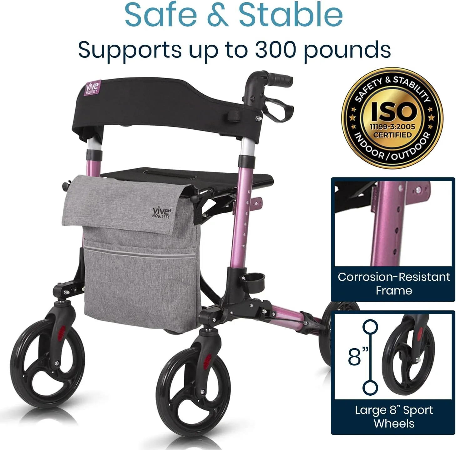 Vive Mobility Rollator Walker - Folding 4 Wheel Medical Rolling Walker with Seat & Bag - Mobility Aid for Adult, Senior, Elderly & Handicap - Aluminum Transport Chair (Pink)