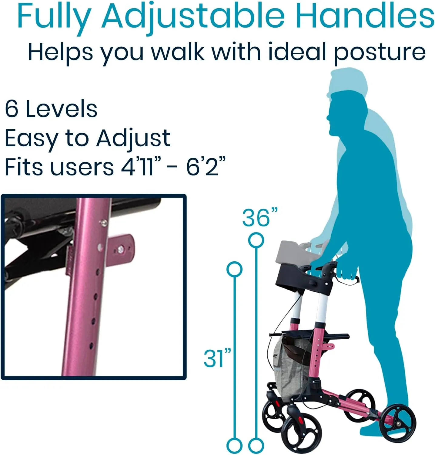 Vive Mobility Rollator Walker - Folding 4 Wheel Medical Rolling Walker with Seat & Bag - Mobility Aid for Adult, Senior, Elderly & Handicap - Aluminum Transport Chair (Pink)
