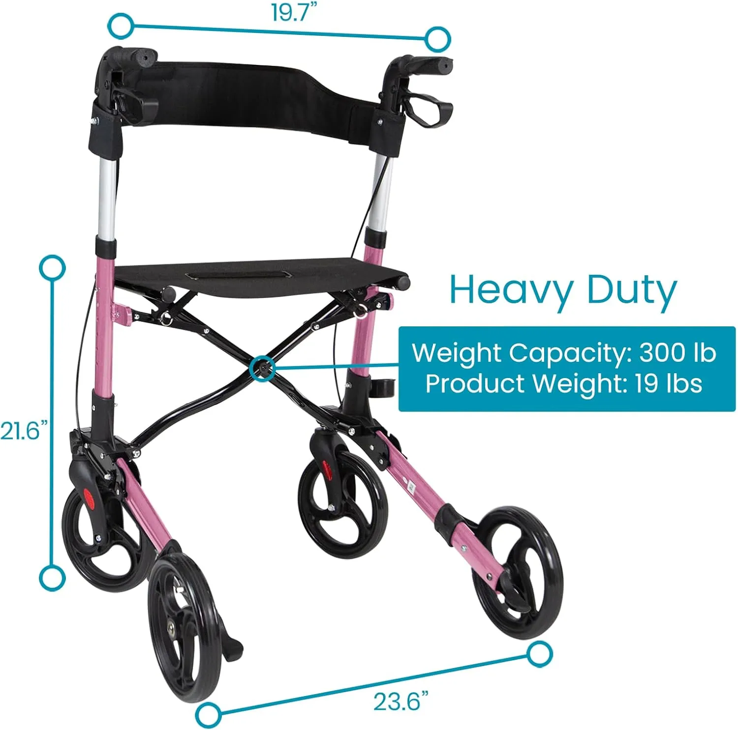 Vive Mobility Rollator Walker - Folding 4 Wheel Medical Rolling Walker with Seat & Bag - Mobility Aid for Adult, Senior, Elderly & Handicap - Aluminum Transport Chair (Pink)