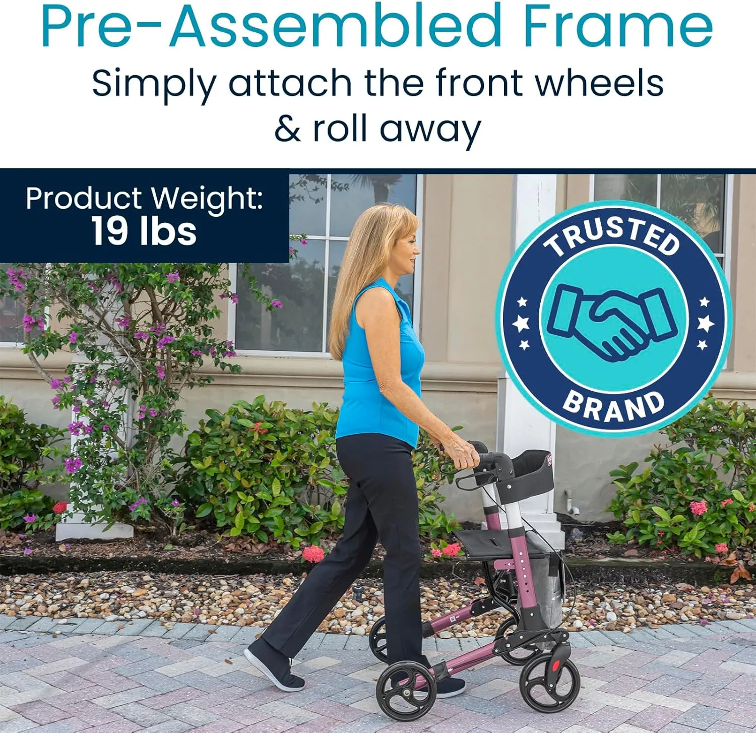 Vive Mobility Rollator Walker - Folding 4 Wheel Medical Rolling Walker with Seat & Bag - Mobility Aid for Adult, Senior, Elderly & Handicap - Aluminum Transport Chair (Pink)