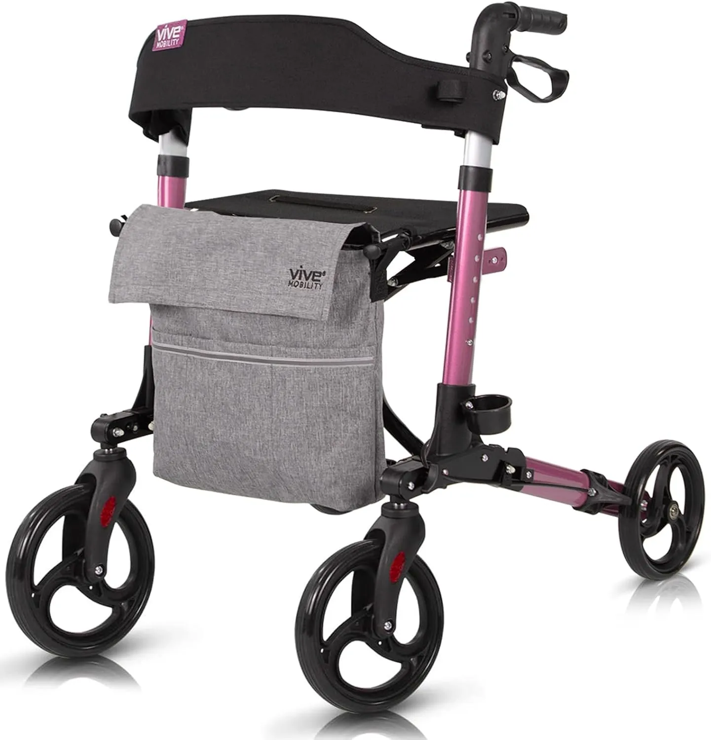 Vive Mobility Rollator Walker - Folding 4 Wheel Medical Rolling Walker with Seat & Bag - Mobility Aid for Adult, Senior, Elderly & Handicap - Aluminum Transport Chair (Pink)