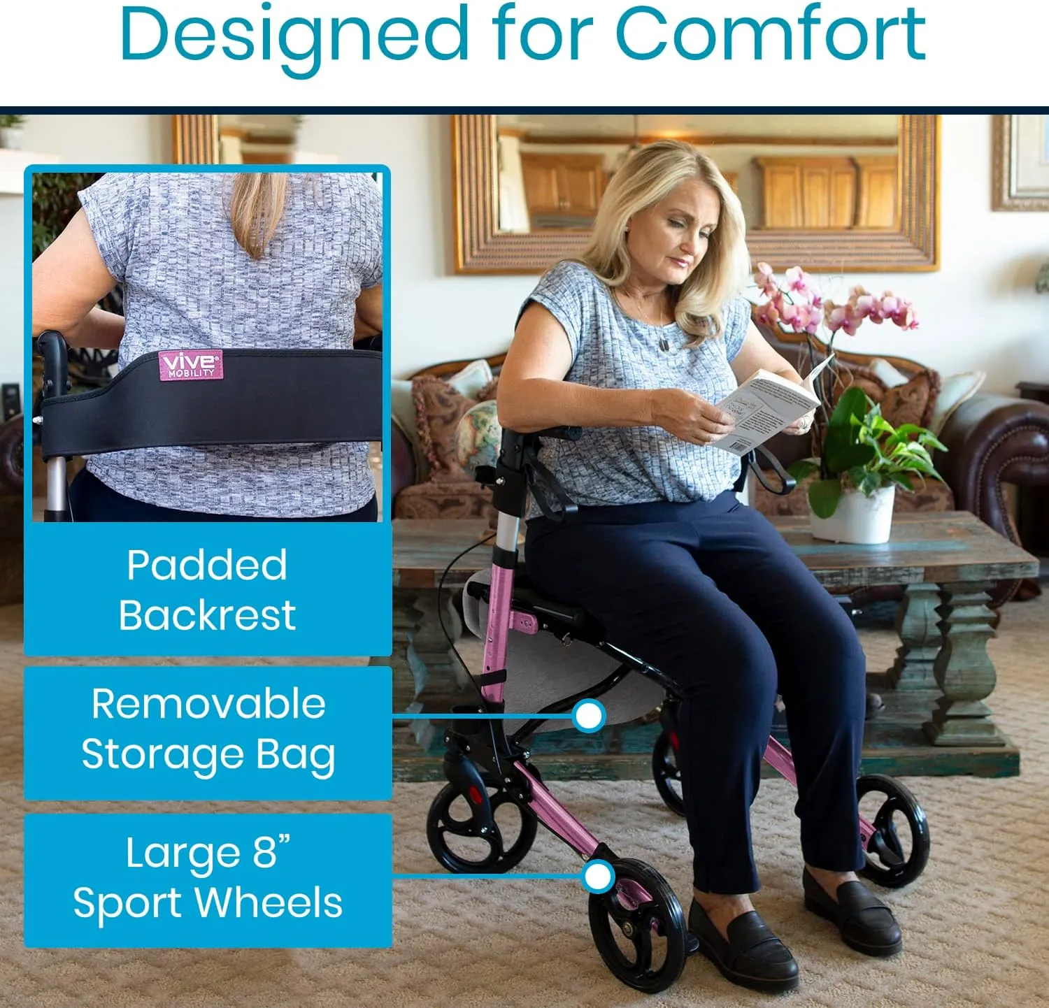 Vive Mobility Rollator Walker - Folding 4 Wheel Medical Rolling Walker with Seat & Bag - Mobility Aid for Adult, Senior, Elderly & Handicap - Aluminum Transport Chair (Pink)