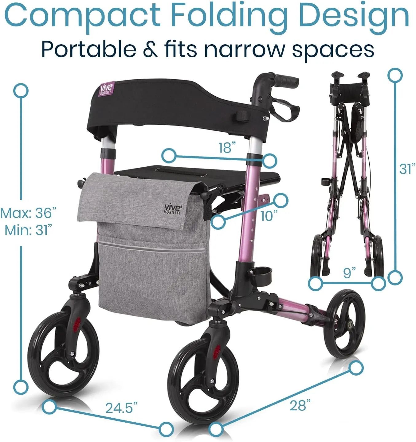 Vive Mobility Rollator Walker - Folding 4 Wheel Medical Rolling Walker with Seat & Bag - Mobility Aid for Adult, Senior, Elderly & Handicap - Aluminum Transport Chair (Pink)
