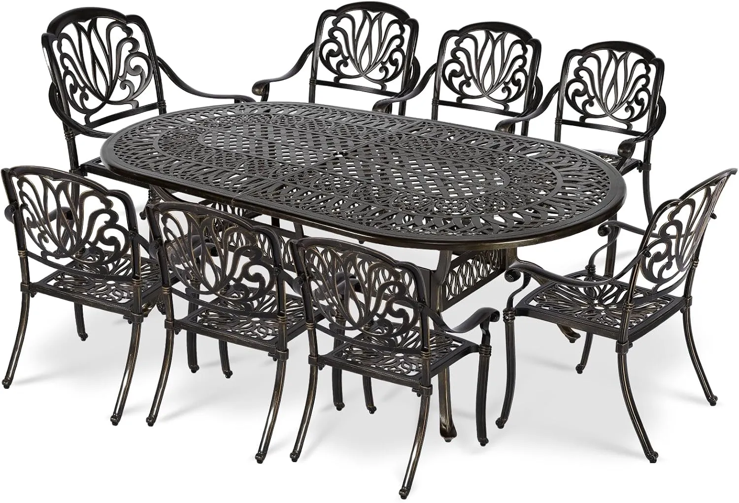 VIVIJASON 9-Piece Patio Furniture Dining Set, All-Weather Cast Aluminum Outdoor Conversation Set, Include 8 Chairs and an Oval Table with Umbrella Hole for Balcony Lawn Garden Backyard