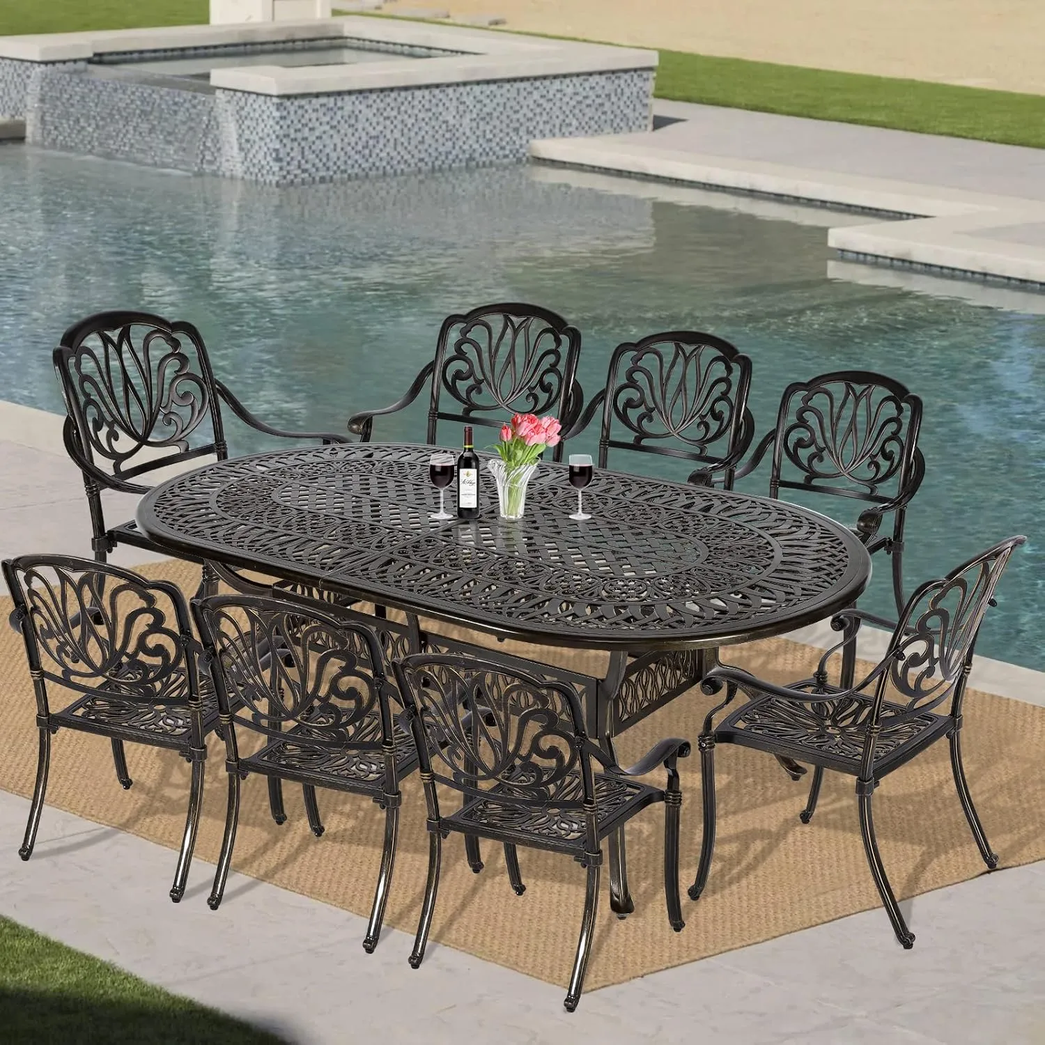 VIVIJASON 9-Piece Patio Furniture Dining Set, All-Weather Cast Aluminum Outdoor Conversation Set, Include 8 Chairs and an Oval Table with Umbrella Hole for Balcony Lawn Garden Backyard