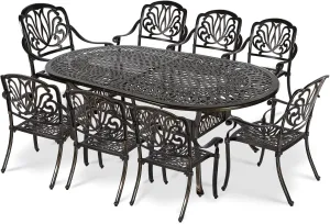 VIVIJASON 9-Piece Patio Furniture Dining Set, All-Weather Cast Aluminum Outdoor Conversation Set, Include 8 Chairs and an Oval Table with Umbrella Hole for Balcony Lawn Garden Backyard