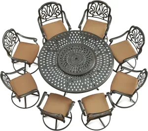 VIVIJASON 9-Piece Patio Furniture Dining Set, Rust-Free Cast Aluminum Outdoor Conversation Set, Include 8 Swivel Dining Chairs & 61" Round Dining Table with 31" Lazy Susan, Umbrella Hole, Khaki