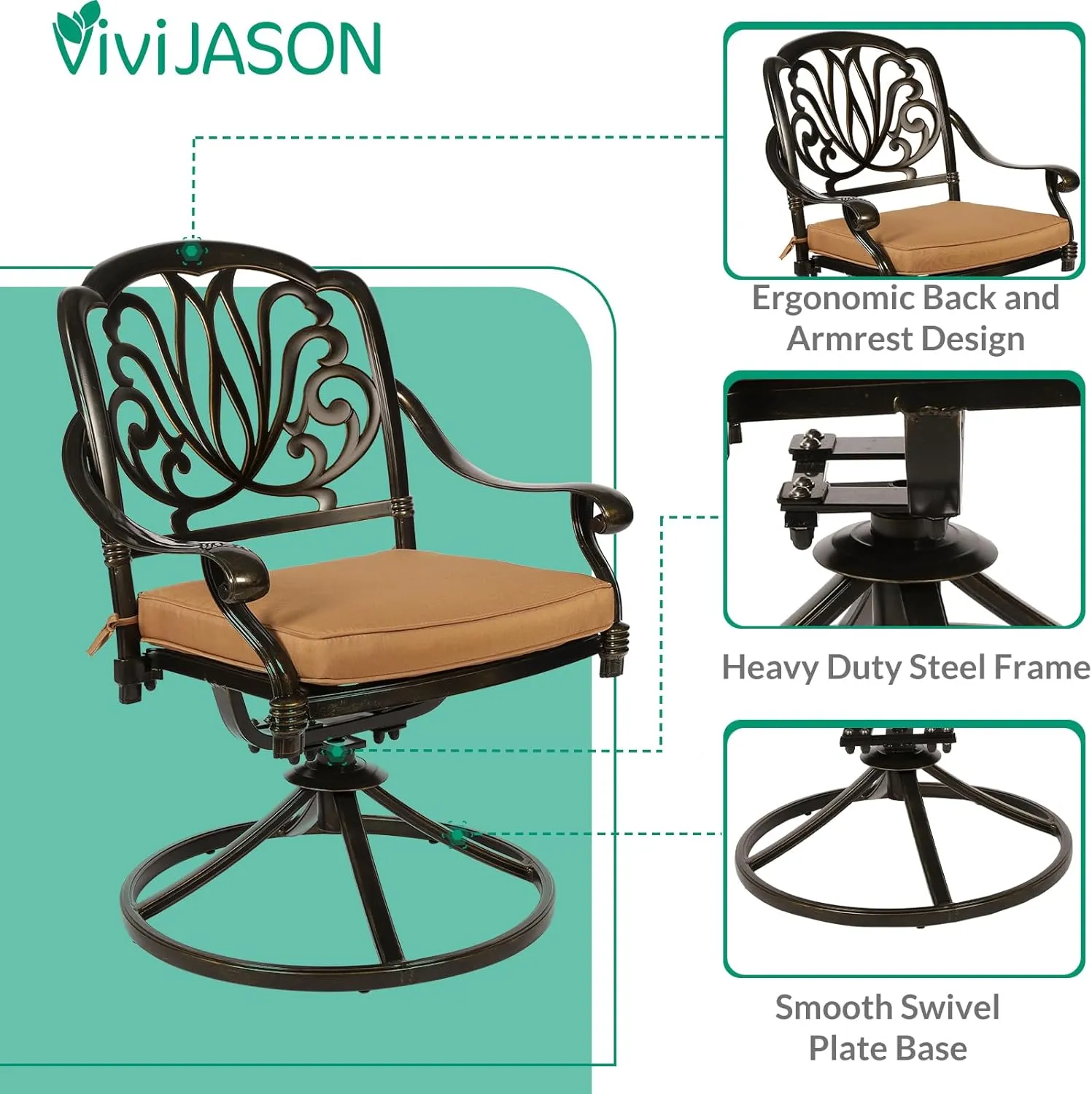 VIVIJASON 9-Piece Patio Furniture Dining Set, Rust-Free Cast Aluminum Outdoor Conversation Set, Include 8 Swivel Dining Chairs & 61" Round Dining Table with 31" Lazy Susan, Umbrella Hole, Khaki