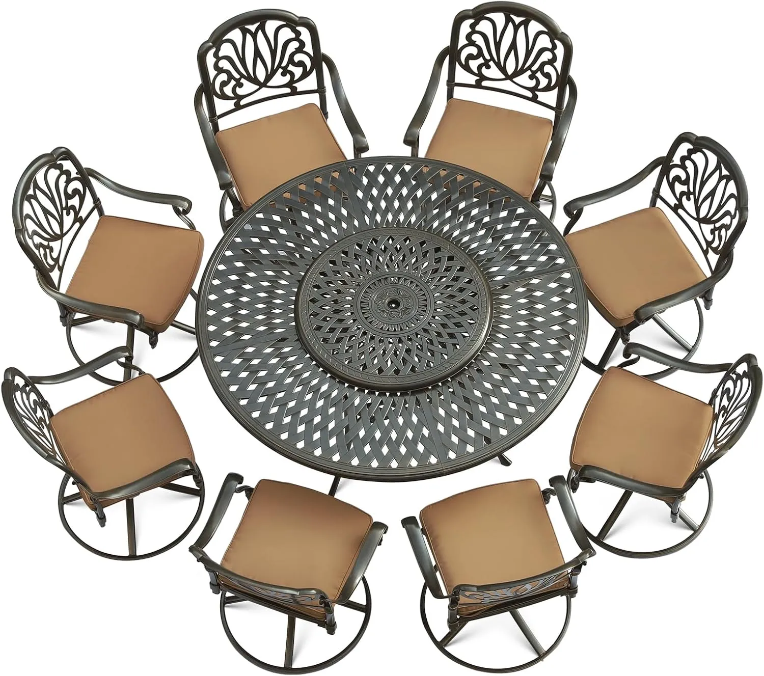 VIVIJASON 9-Piece Patio Furniture Dining Set, Rust-Free Cast Aluminum Outdoor Conversation Set, Include 8 Swivel Dining Chairs & 61" Round Dining Table with 31" Lazy Susan, Umbrella Hole, Khaki