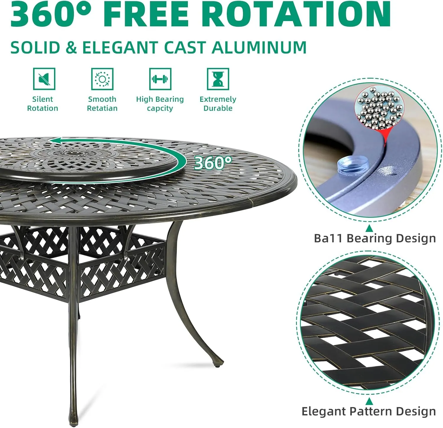 VIVIJASON 9-Piece Patio Furniture Dining Set, Rust-Free Cast Aluminum Outdoor Conversation Set, Include 8 Swivel Dining Chairs & 61" Round Dining Table with 31" Lazy Susan, Umbrella Hole, Khaki