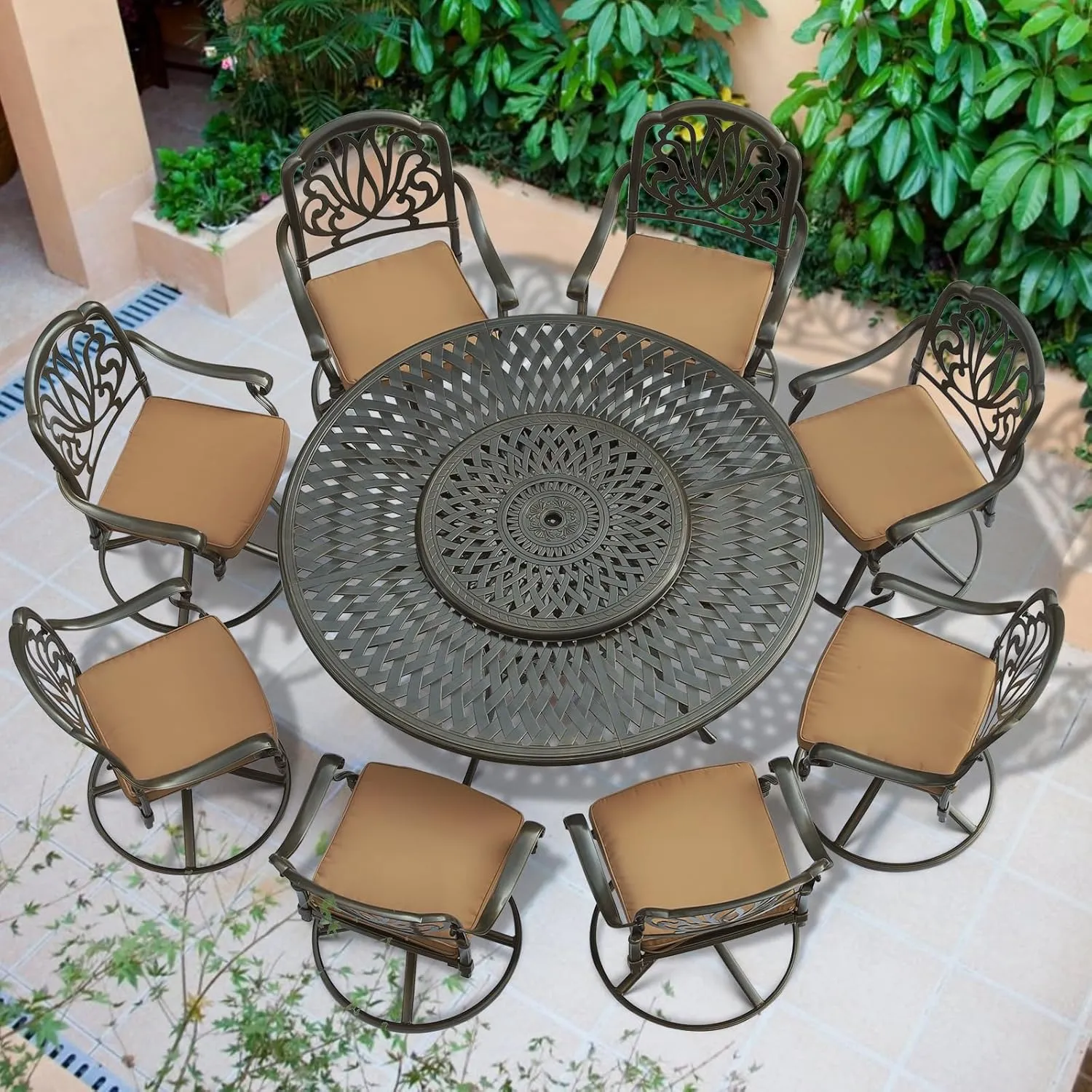 VIVIJASON 9-Piece Patio Furniture Dining Set, Rust-Free Cast Aluminum Outdoor Conversation Set, Include 8 Swivel Dining Chairs & 61" Round Dining Table with 31" Lazy Susan, Umbrella Hole, Khaki