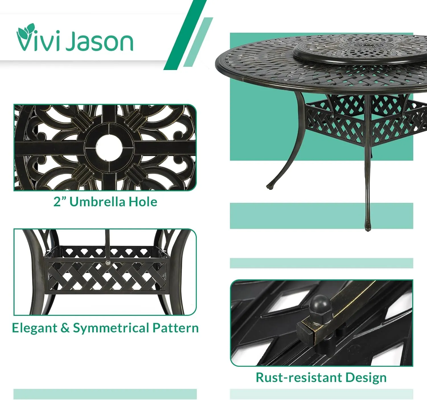VIVIJASON 9-Piece Patio Furniture Dining Set, Rust-Free Cast Aluminum Outdoor Conversation Set, Include 8 Swivel Dining Chairs & 61" Round Dining Table with 31" Lazy Susan, Umbrella Hole, Khaki