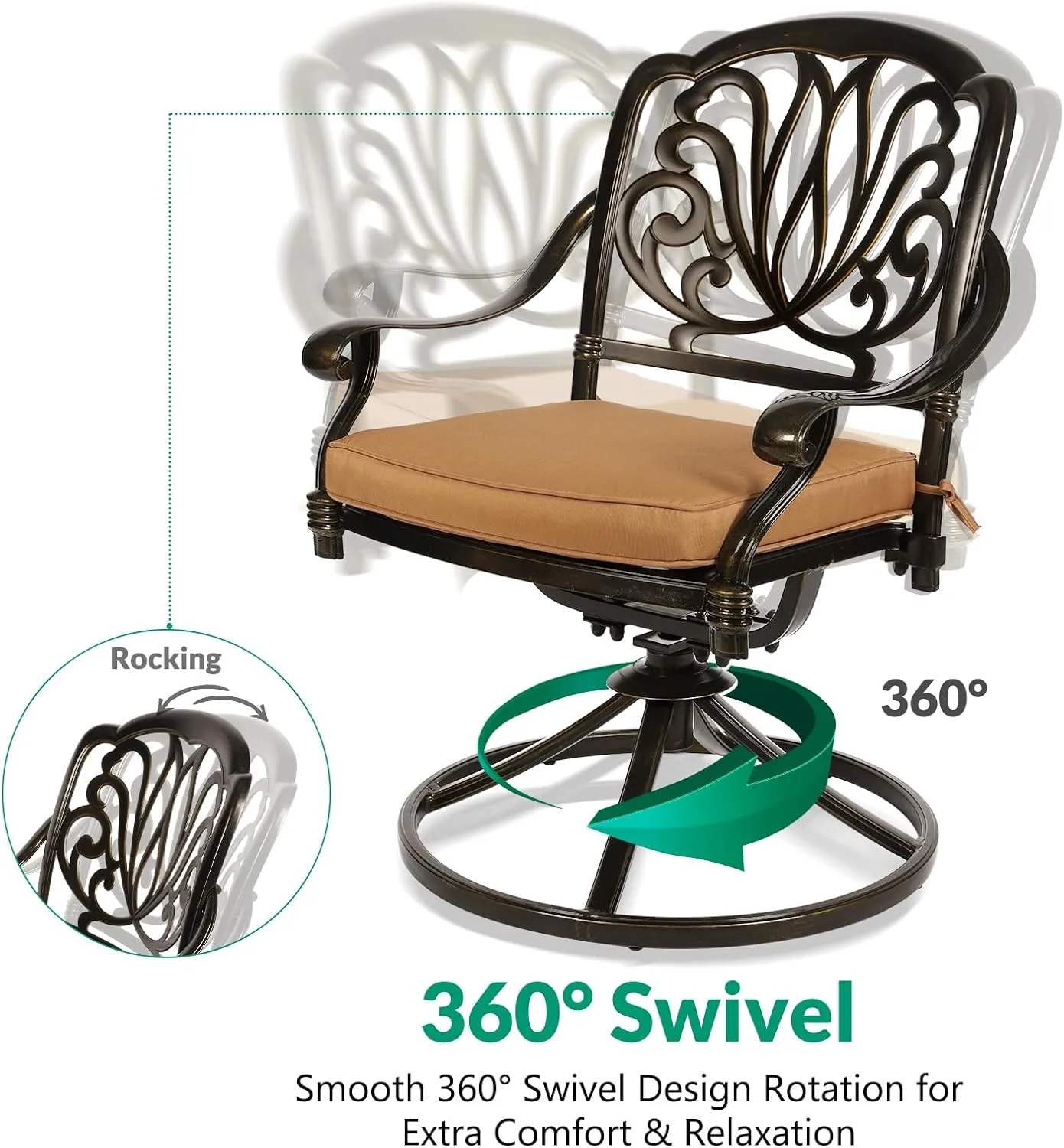 VIVIJASON 9-Piece Patio Furniture Dining Set, Rust-Free Cast Aluminum Outdoor Conversation Set, Include 8 Swivel Dining Chairs & 61" Round Dining Table with 31" Lazy Susan, Umbrella Hole, Khaki