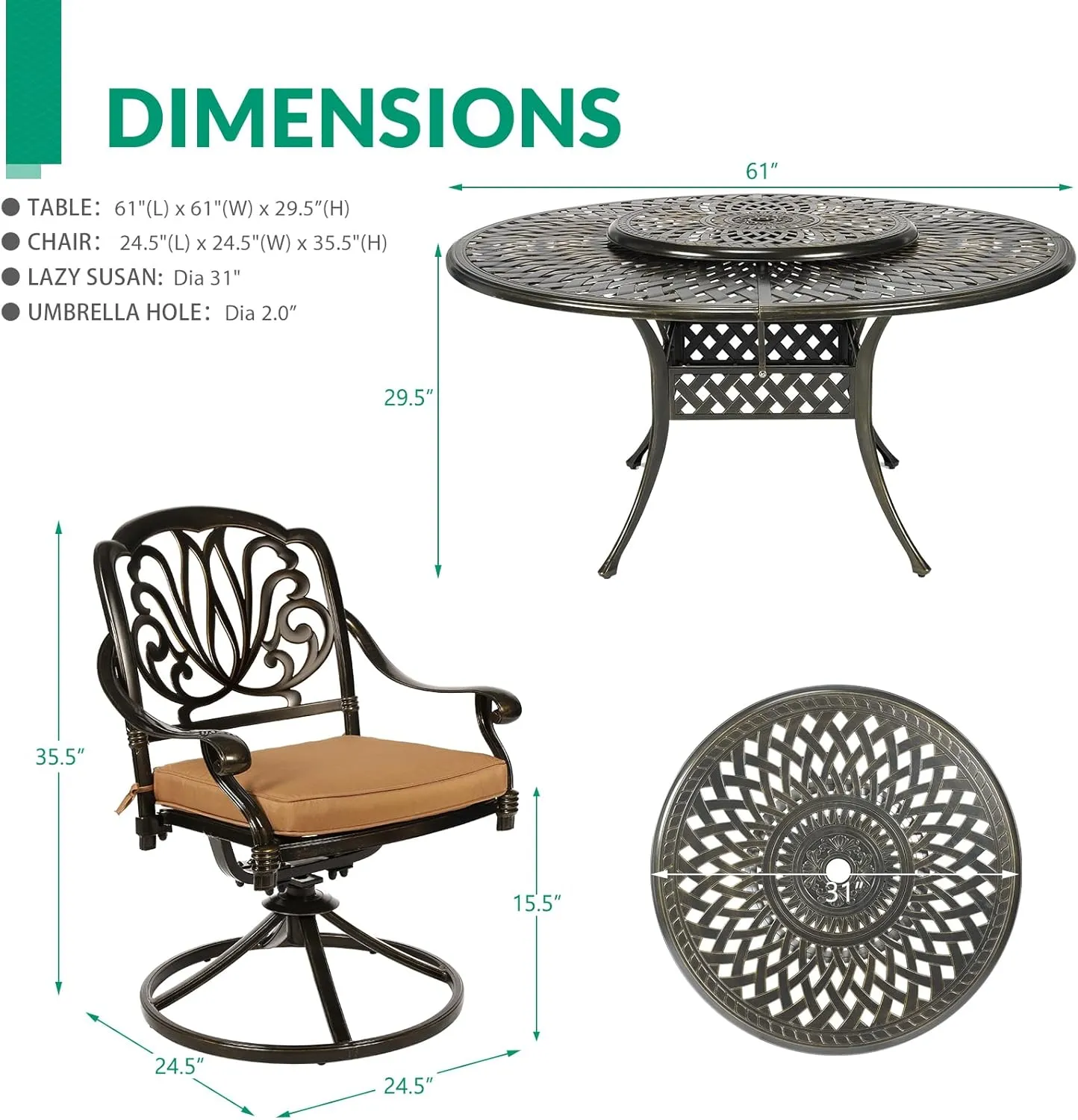 VIVIJASON 9-Piece Patio Furniture Dining Set, Rust-Free Cast Aluminum Outdoor Conversation Set, Include 8 Swivel Dining Chairs & 61" Round Dining Table with 31" Lazy Susan, Umbrella Hole, Khaki