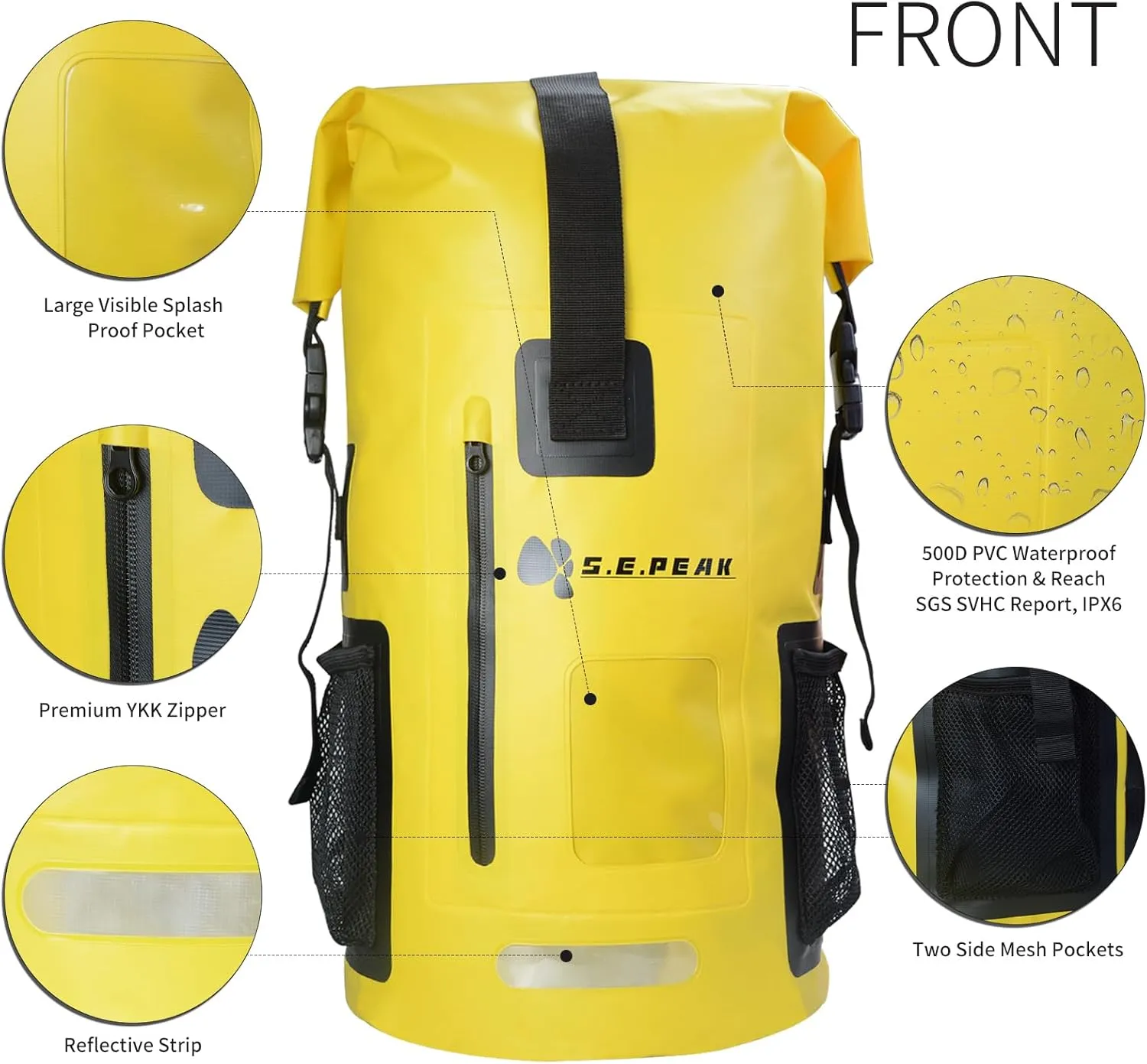 Waterproof Dry Bag Backpack IPX6, Roll-Top Closure Bag Boating & Kayak Accessories - Essentials for Camping Swimming Beach Fishing Rafting Travel, Yellow