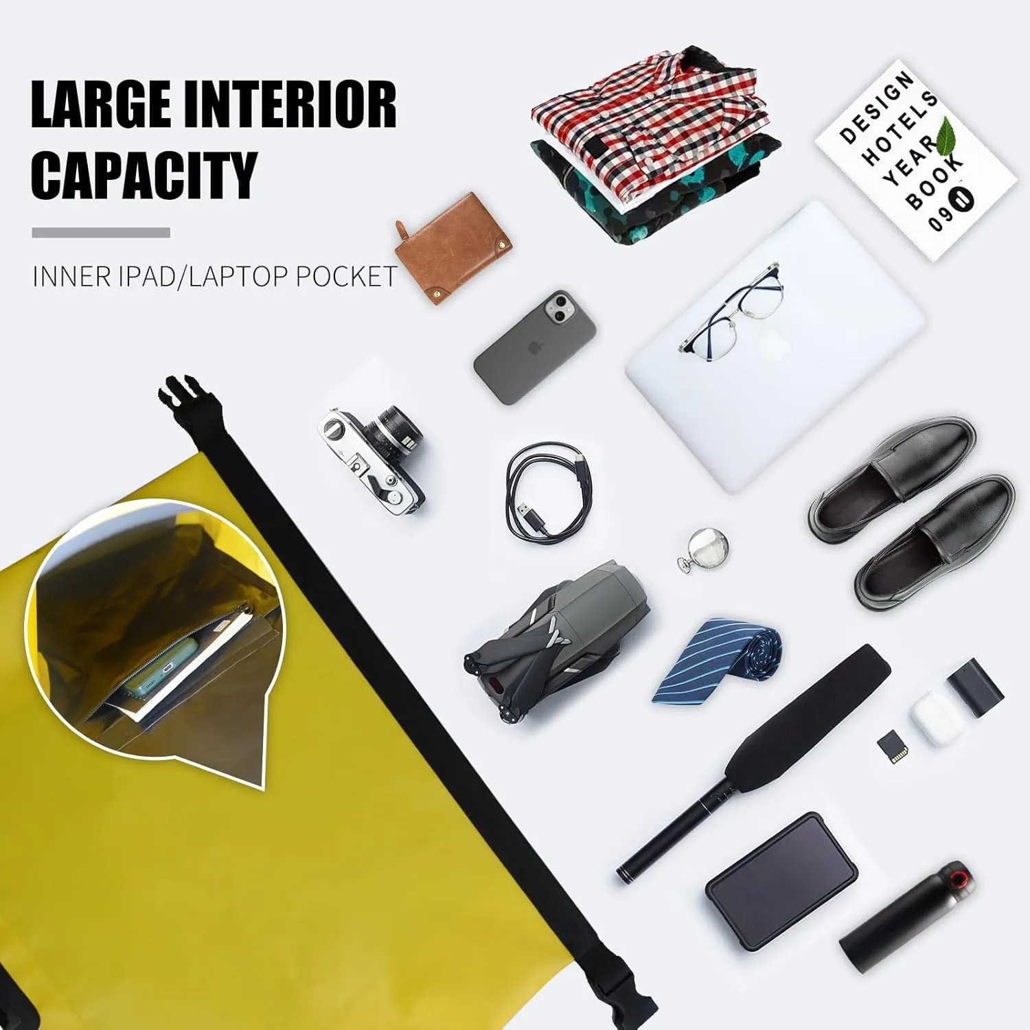 Waterproof Dry Bag Backpack IPX6, Roll-Top Closure Bag Boating & Kayak Accessories - Essentials for Camping Swimming Beach Fishing Rafting Travel, Yellow