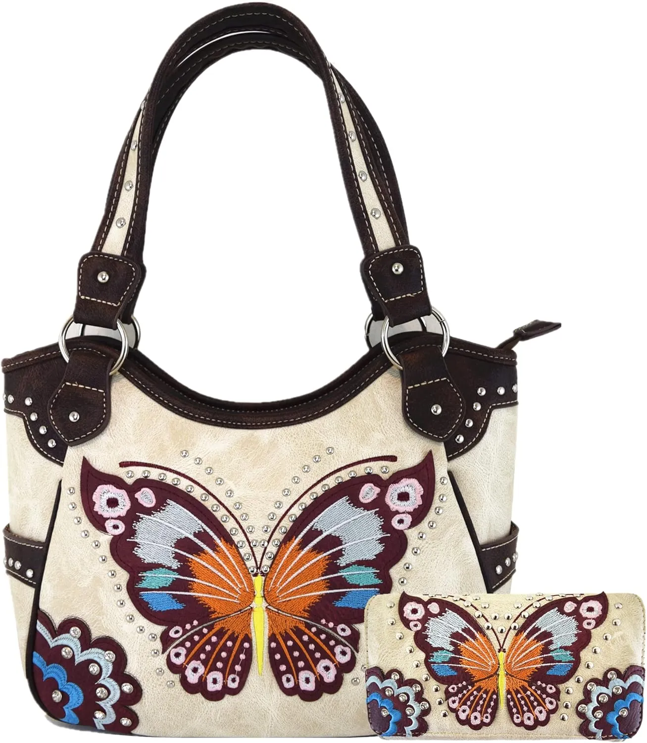 Western Style Springtime Embroidery Butterfly Floral Leather Totes Purse Country Handbag Women Shoulder Bag Wallet Set